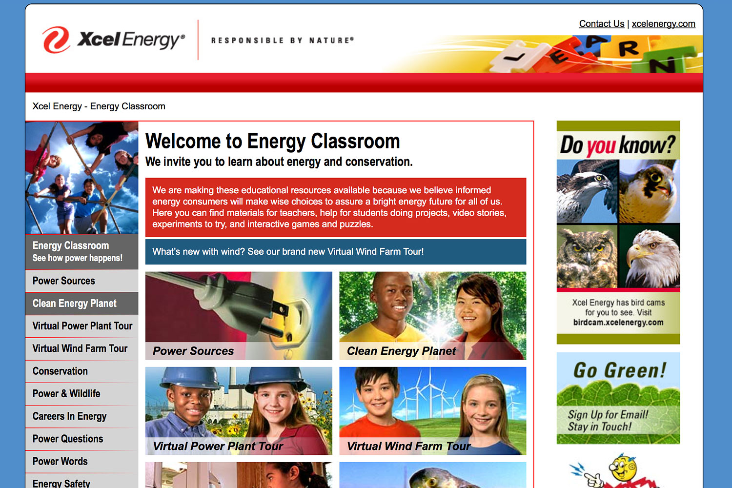  Energy Classroom uses a visual menu at the home page. In the right column, “Do You Know?” facts are randomly presented when a page reloads. 