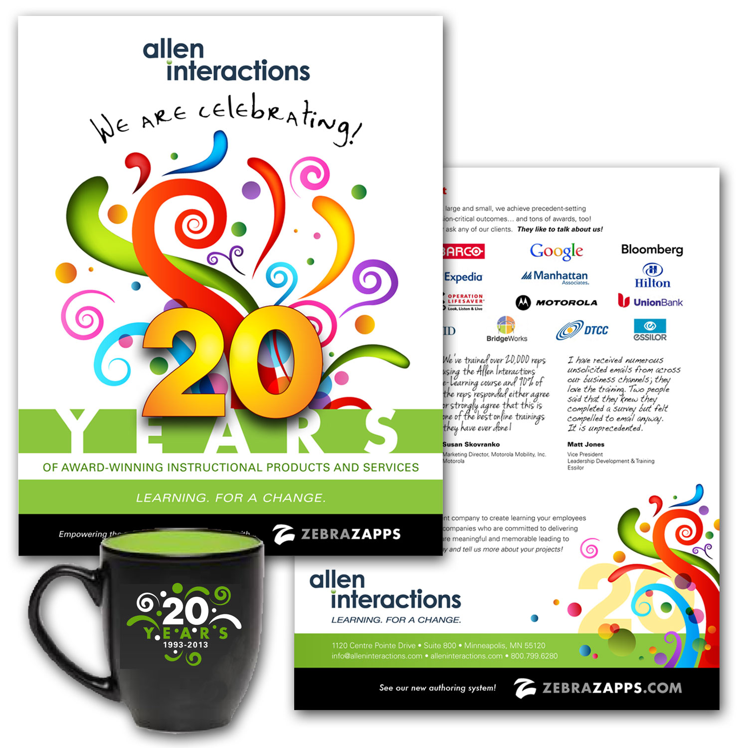   We are Celebrating!   Allen Interactions     This promotional brochure celebrated the 20th Anniversary of Allen Interactions. It featured their work and mission, and set the stage for a year-long celebration. __________    