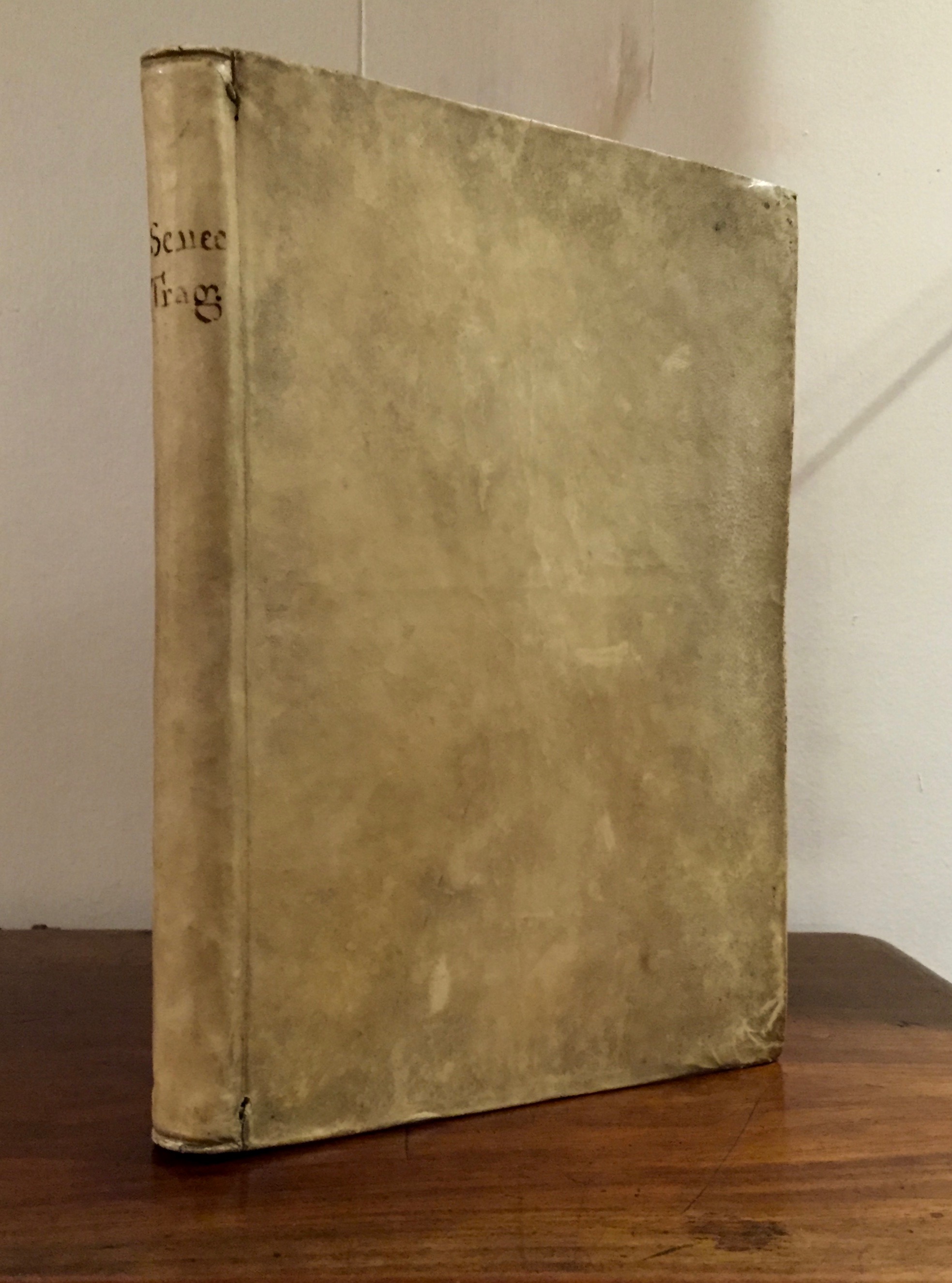 The binding; note the hand-written title and the visible binding thread.