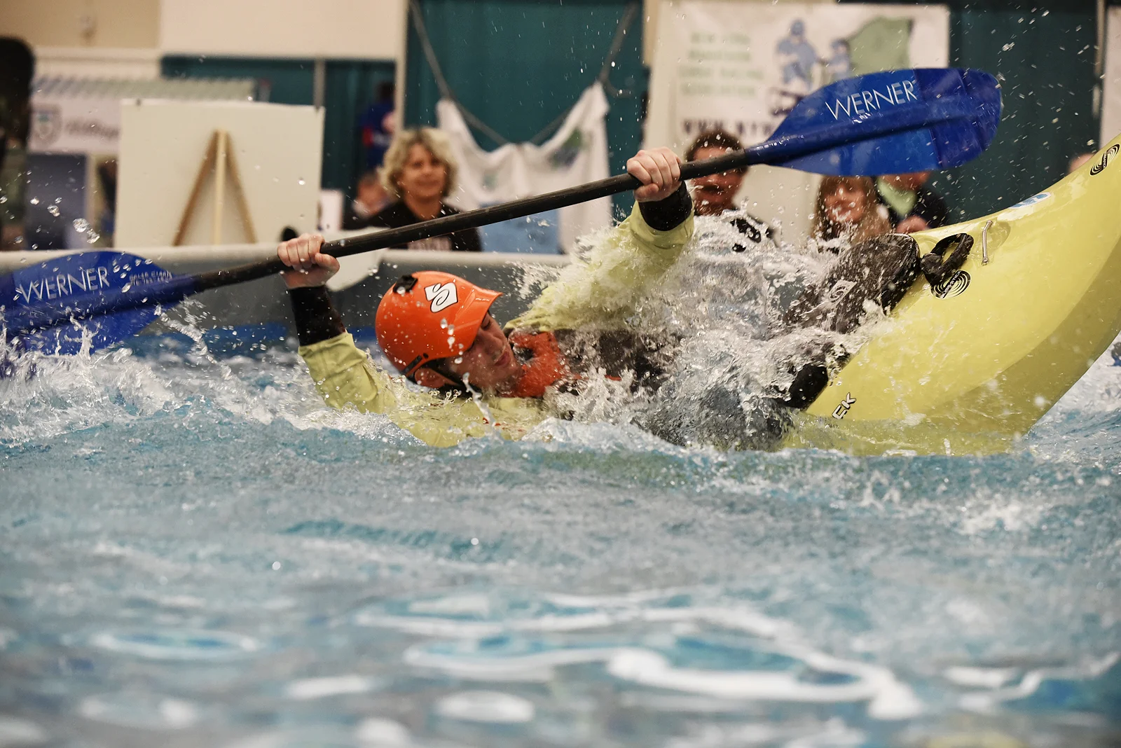 ERICA MILLER / GAZETTE PHOTOGRAPHER Caleb Clark, of Wilton, demonstrates techniques with the Sacandaga Outdoor Center during the Adirondack Sports Summer Expo at the Saratoga Springs City Center on Saturday afternoon, March 18, 2017.