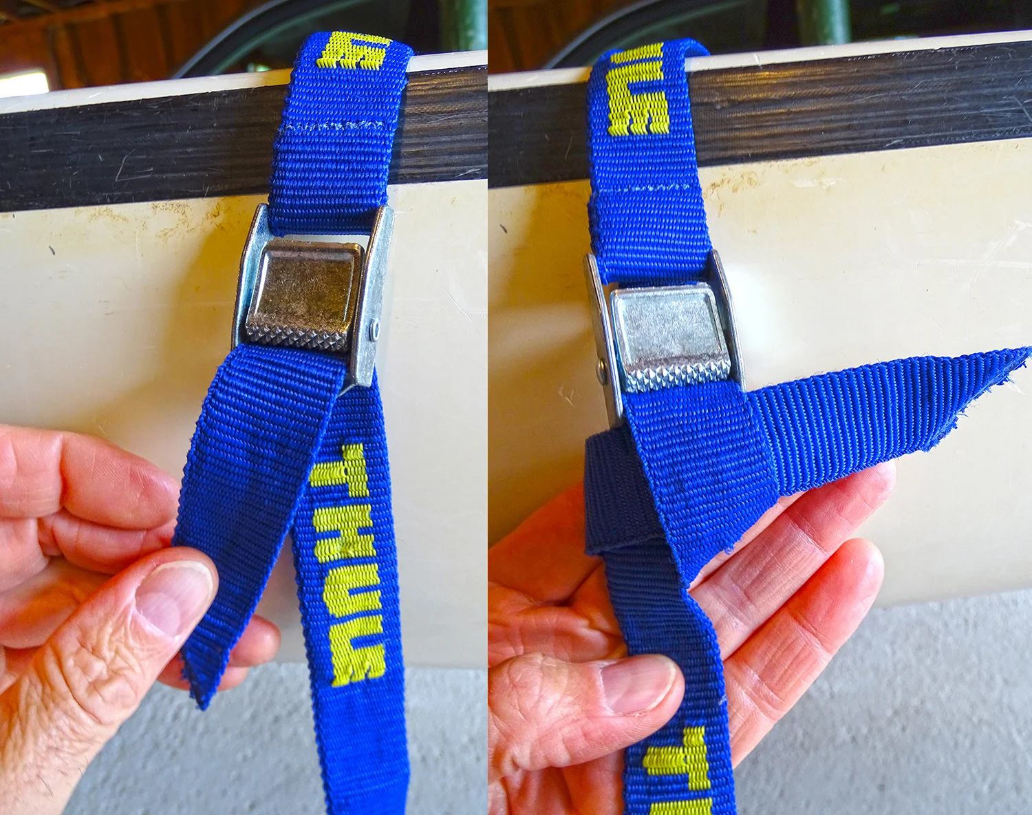 Cam buckles on boat straps can slip. A simple knot insures the strap will not loosen. Alan Mapes