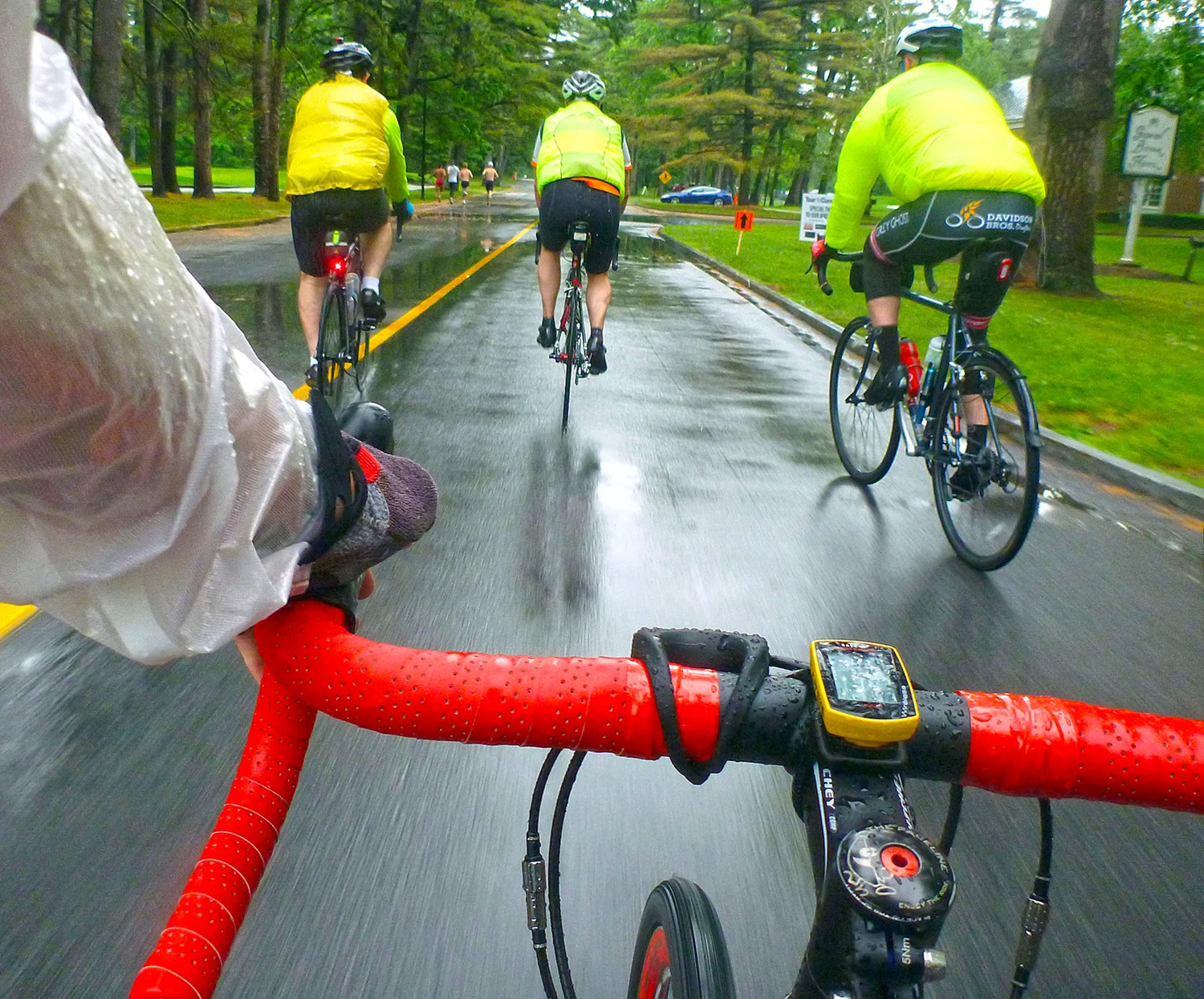 Bright, visible clothing is an important safety item, especially when riding in bad weather. These riders were riding in the Tour de Cure. Dave Kraus