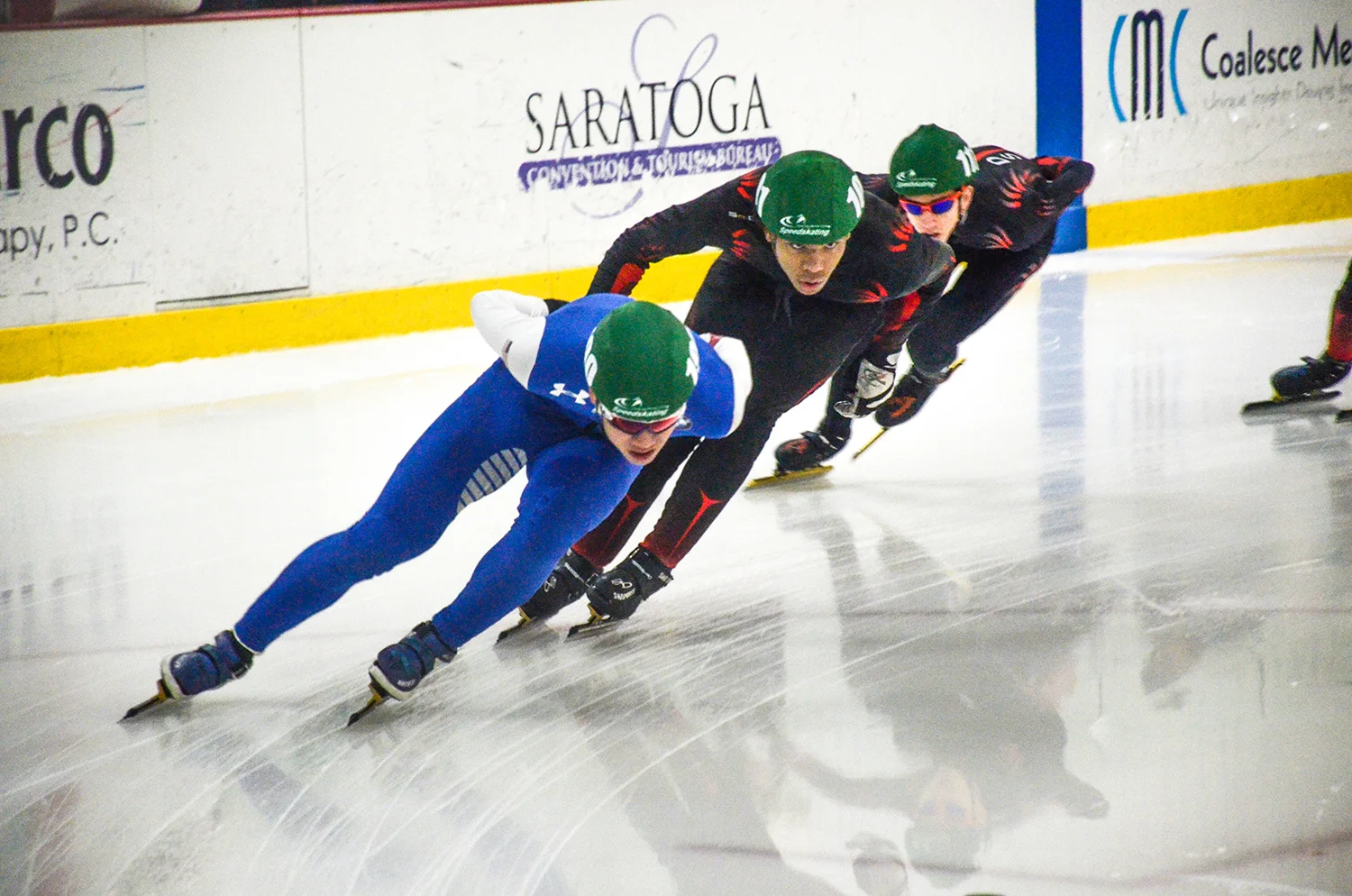 Albert Zhong of SWC leads the pack to win first overall in NorthEast Short Track Series #1 on Nov. 4. Garden State Speedskating