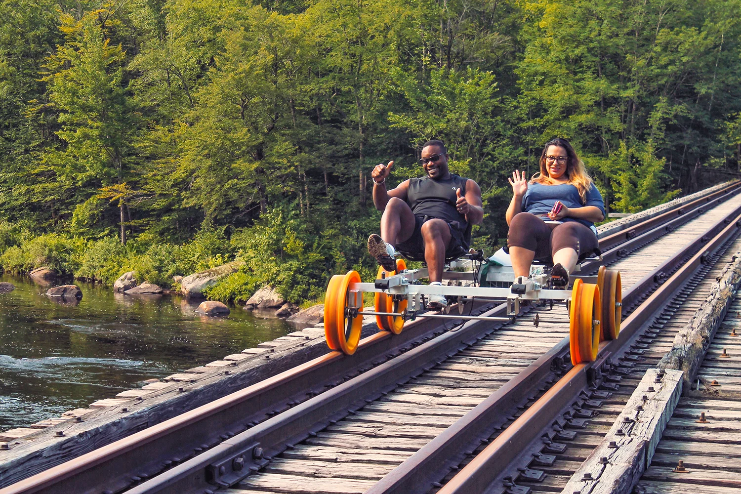 Railbiking with Revolution Rail in North Creek to explore the Hudson River and Adirondacks. Karl Miller of Velofix Albany