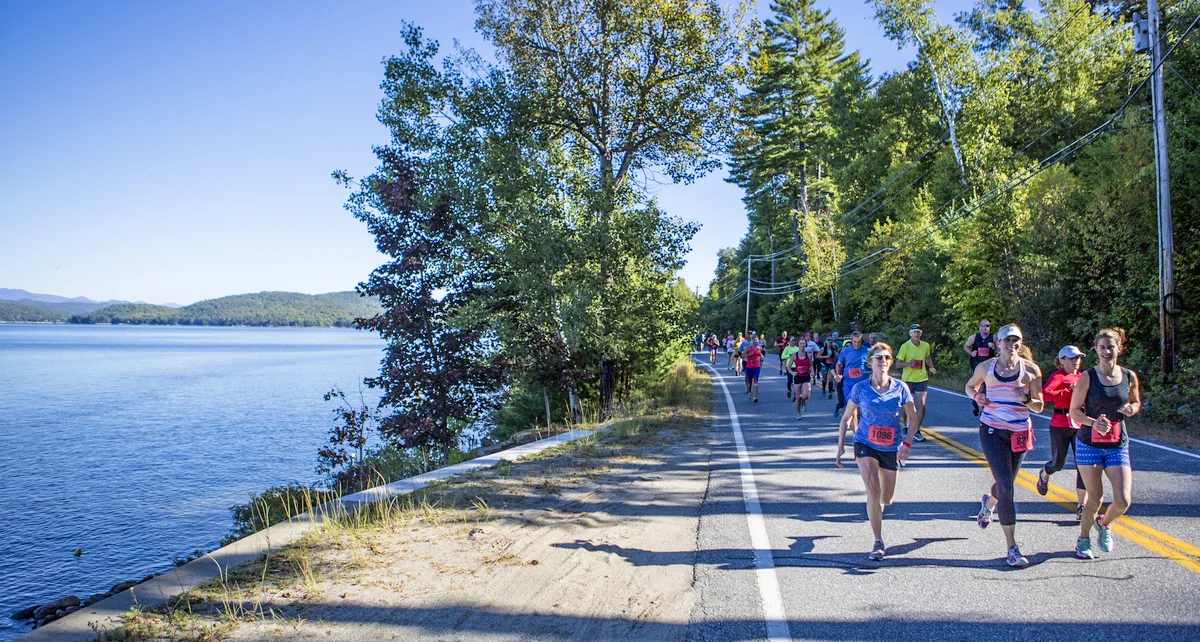 Half Marathon runners along Schroon Lake at the 2017 Adirondack Marathon Distance Festival. ROOST