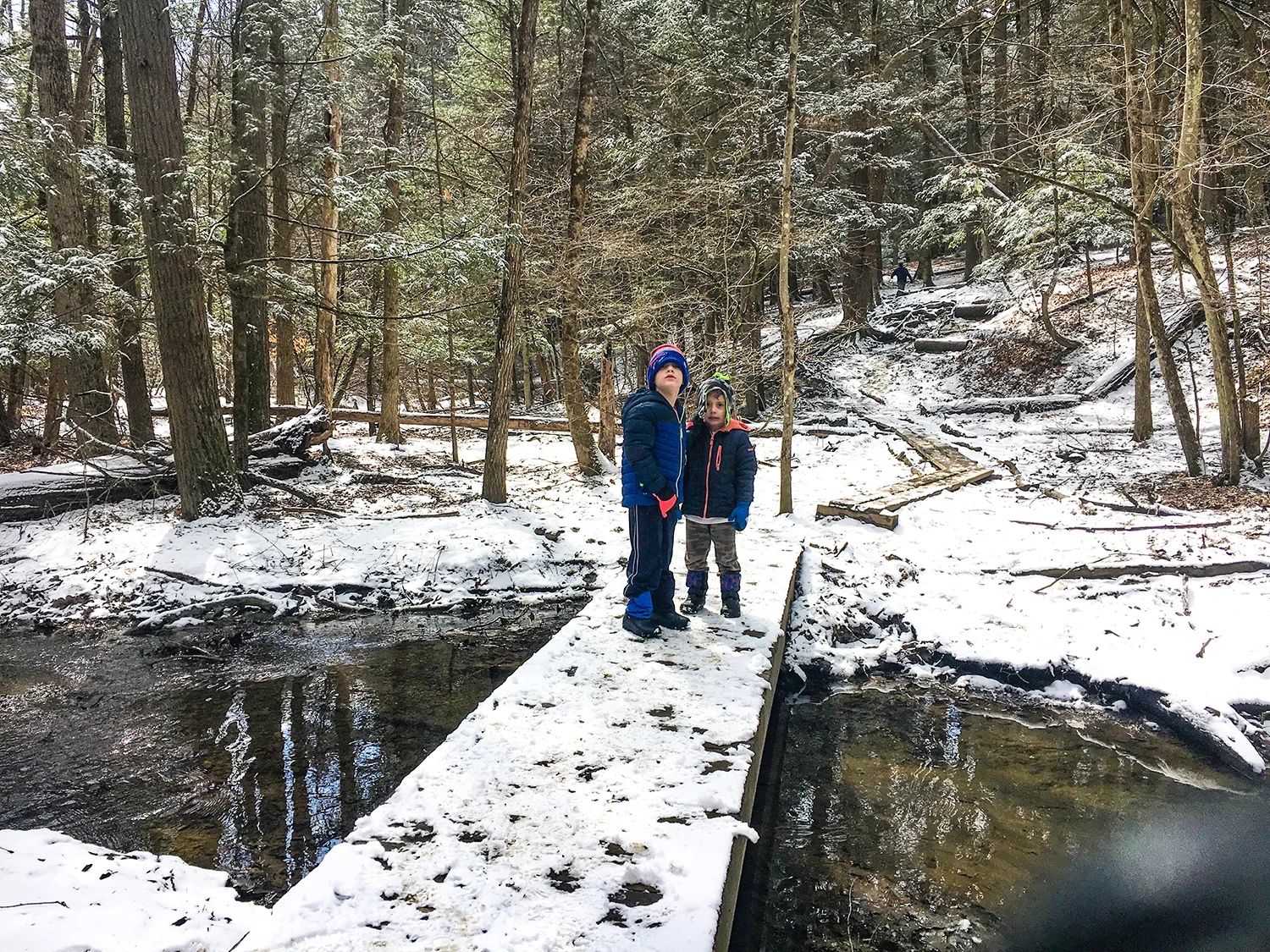 Conor and Theo enjoying a break on a bridge at Lisha Kill Preserve.