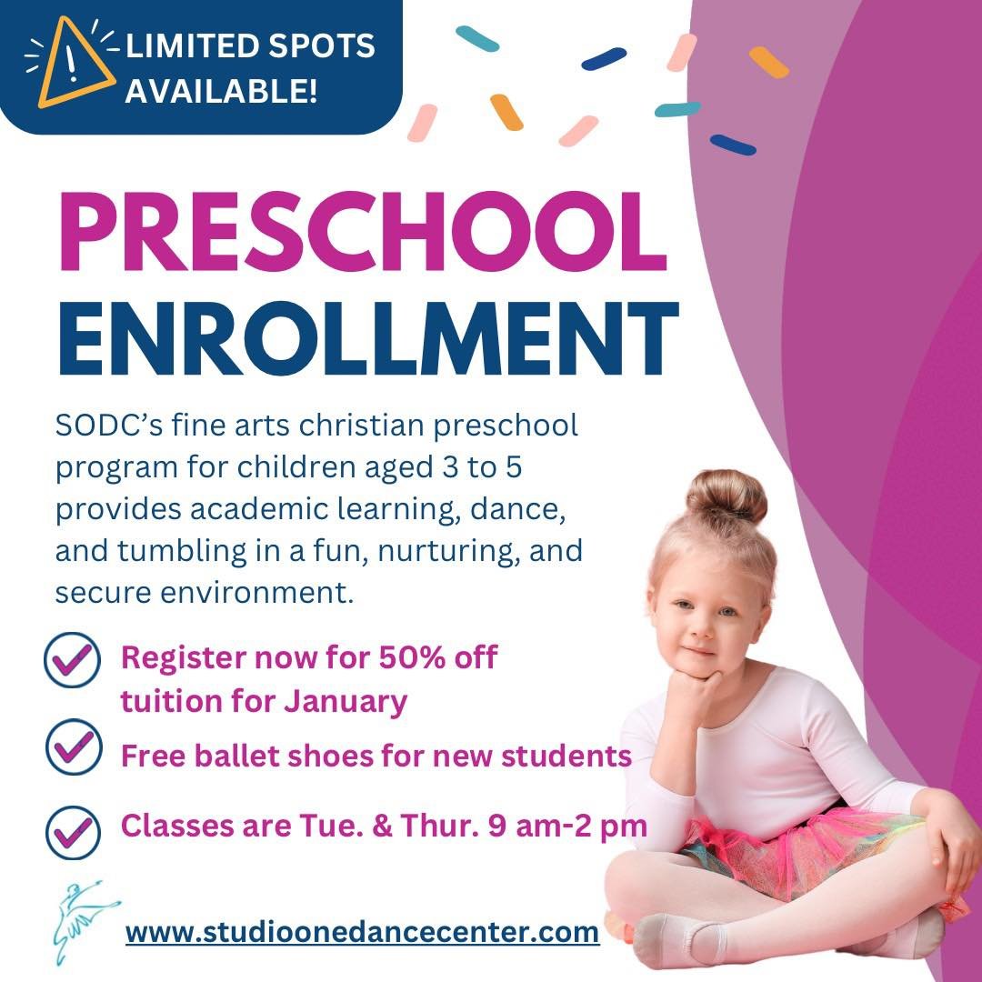 🩰 It&rsquo;s not too late to join the fun! Our Fine Arts Preschool Program combines movement, creativity, and learning to help little ones grow and shine. Enroll now to enjoy:

✅ Free ballet shoes
✅ 50% off your first month&rsquo;s tuition
Create fu