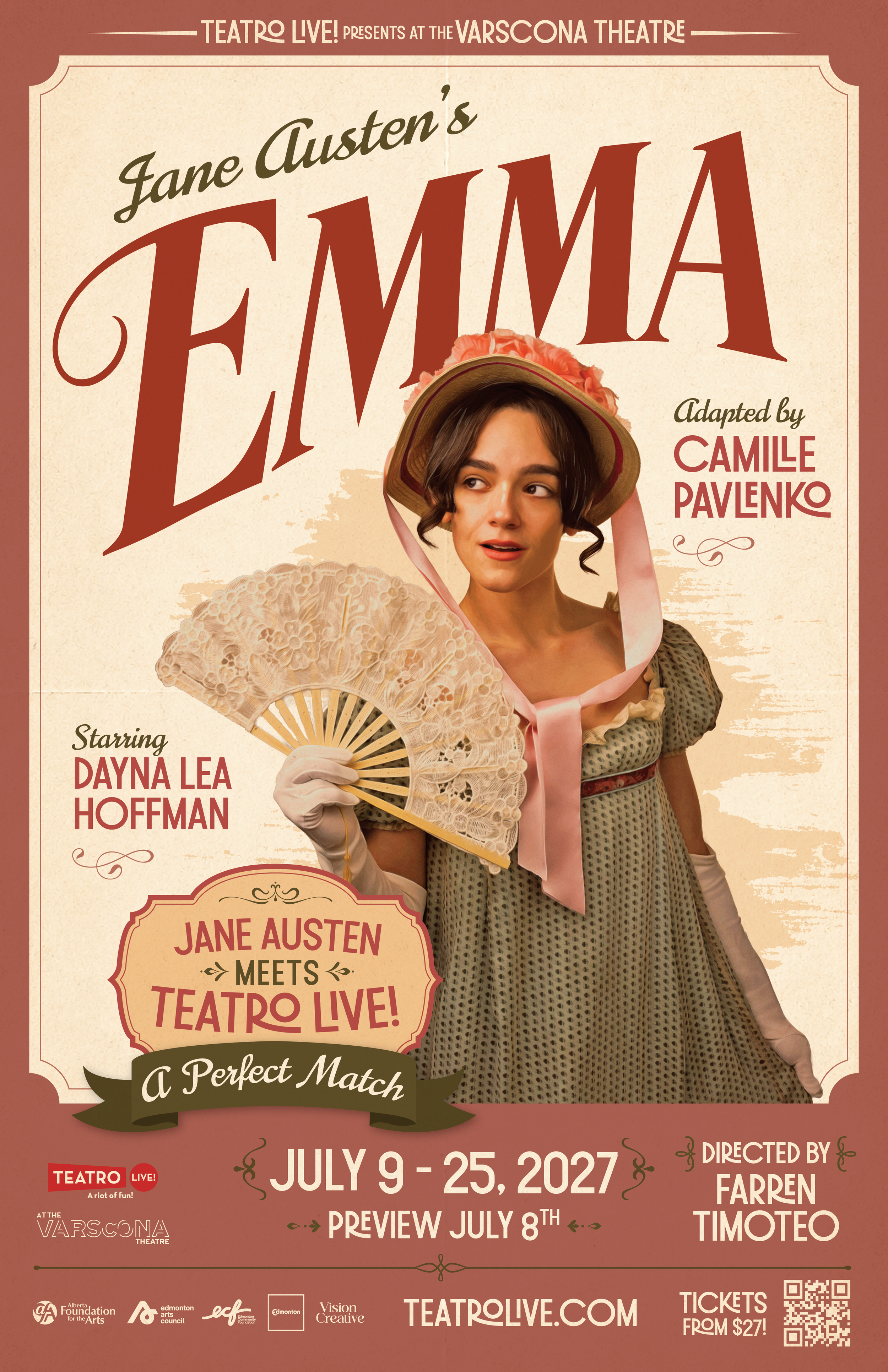 Poster for Teatro Live!'s Jane Austen's Emma featuring Dayna Lea Hoffman in Regency dress with white gloves, a lace fan, and a floral bonnet. July 9-25, 2027.