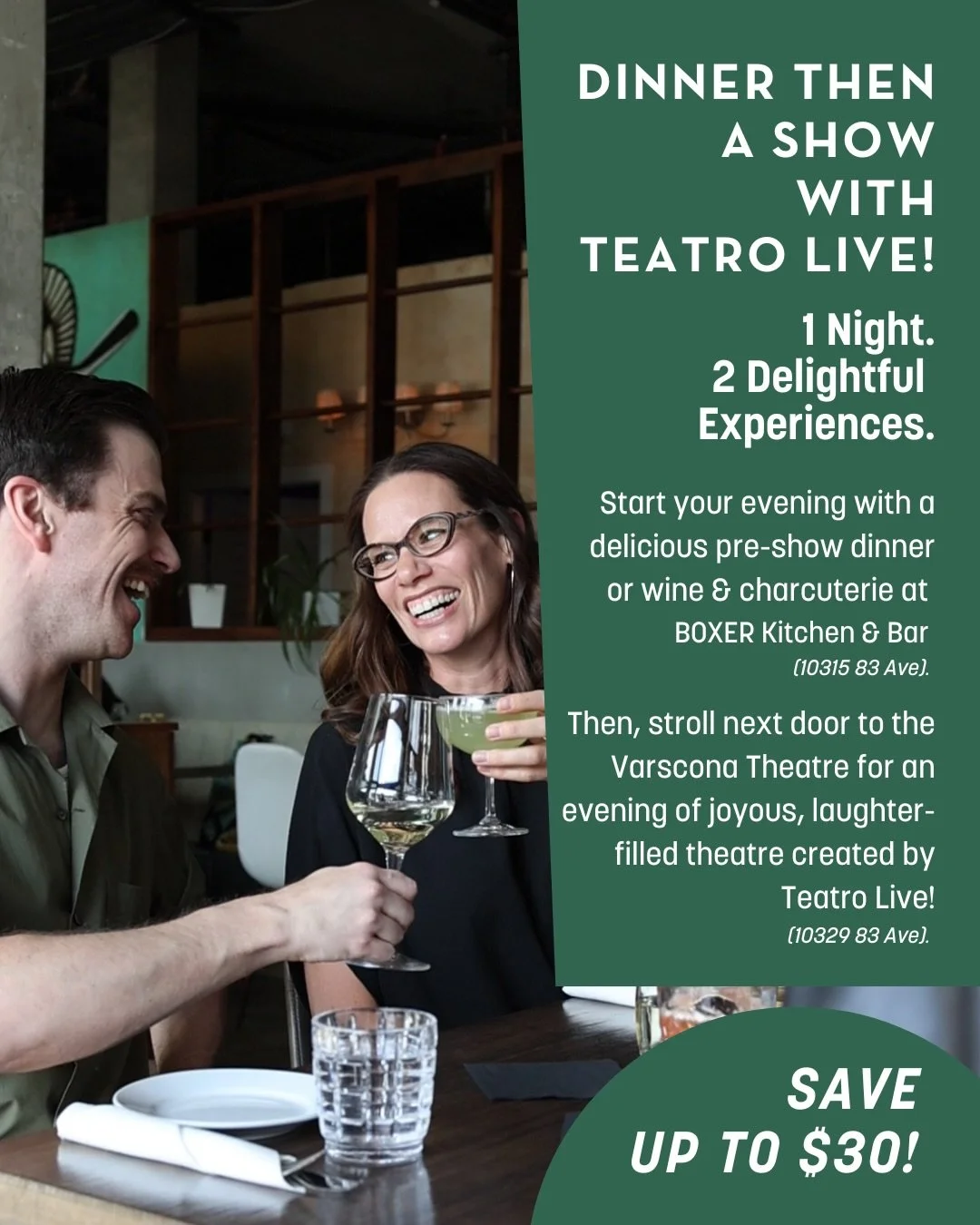 Dinner plans 🤝 theatre plans

Make your night out DELIGHTFUL with Dinner Then a Show! A delicious partnership between Boxer Kitchen &amp; Bar (@boxeryeg) and Teatro Live!

Start your evening with a pre-show dinner or wine &amp; charcuterie at BOXER 