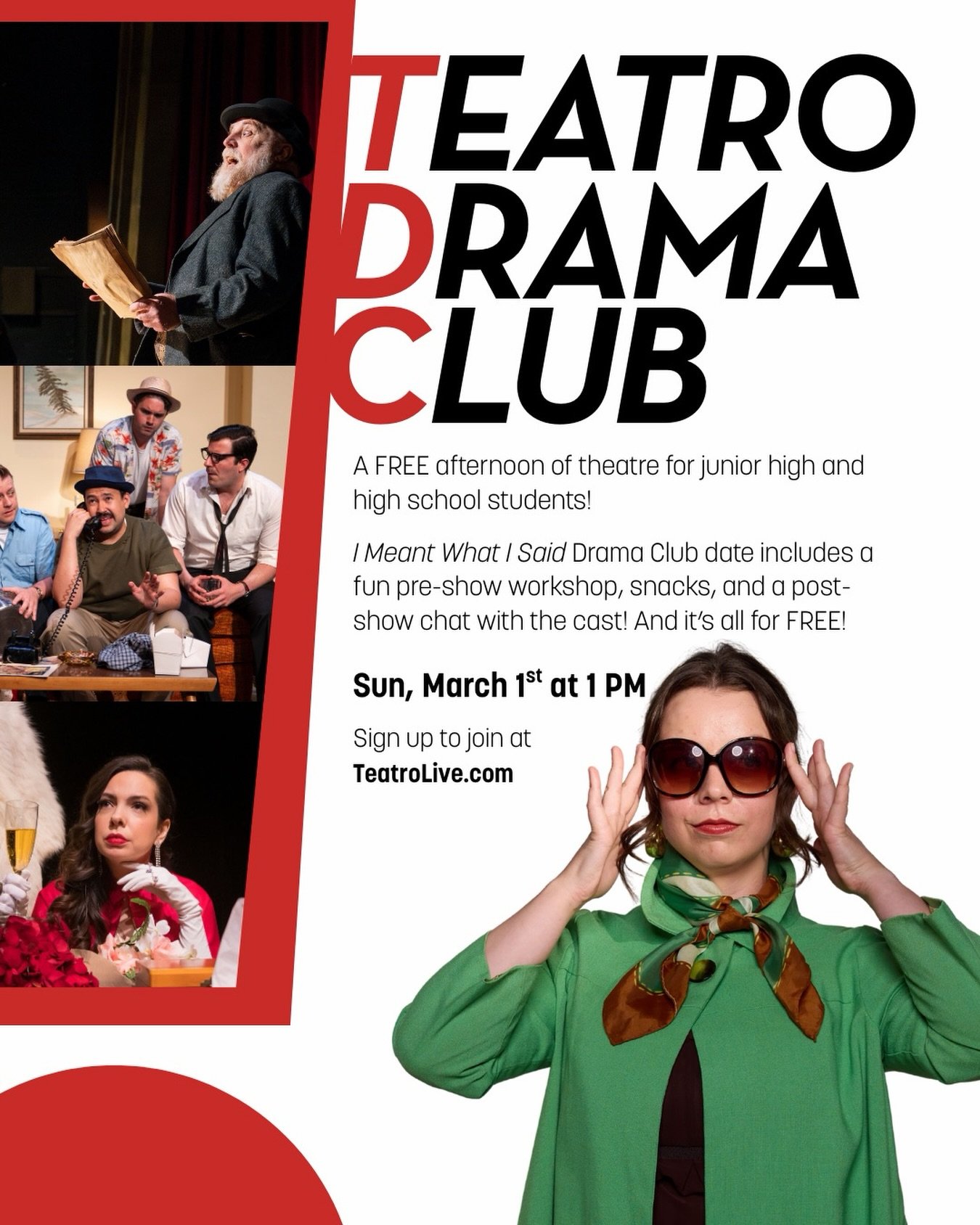 WAITLIST NOW OPEN!

Our Teatro Drama Club dates for Stewart Lemoine&rsquo;s brand-new play &ldquo;I Meant What I Said&rdquo; on March 1 AND our 3rd Drama Club date during &ldquo;Fully Committed&rdquo; on June 7th are officially full! 

BUT, if enough