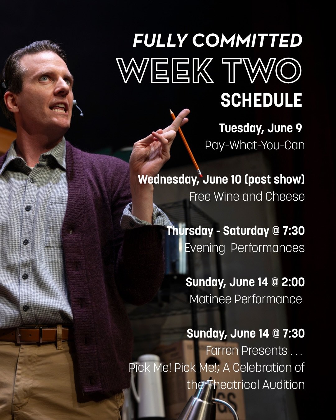Week 2 of Fully Committed is here!

It&rsquo;s a packed week of theatre, treats, community, and conversation. We hope to see you at @VarsconaTheatre.

🎟 Tuesday, June 9 at 7:30 PM &ndash; Pay What You Can (PWYC)
Experience the show at whatever price