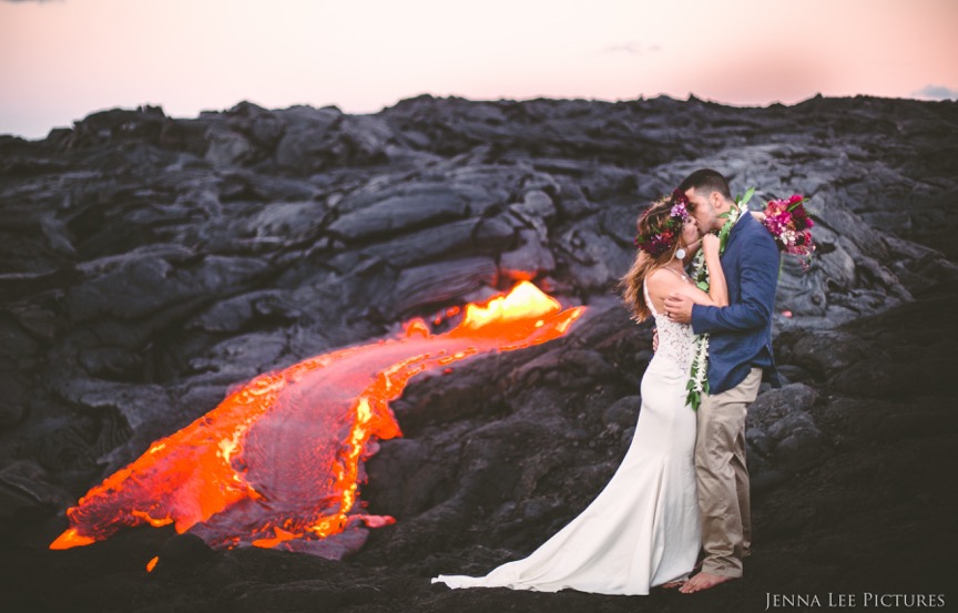 Lauren and Alex Michaels stand near a river of lava on Kilauea on August 11. Being barefoot allowed them to gauge the temperature of their surroundings. The area was so hot that they could only stand there for a few minutes.