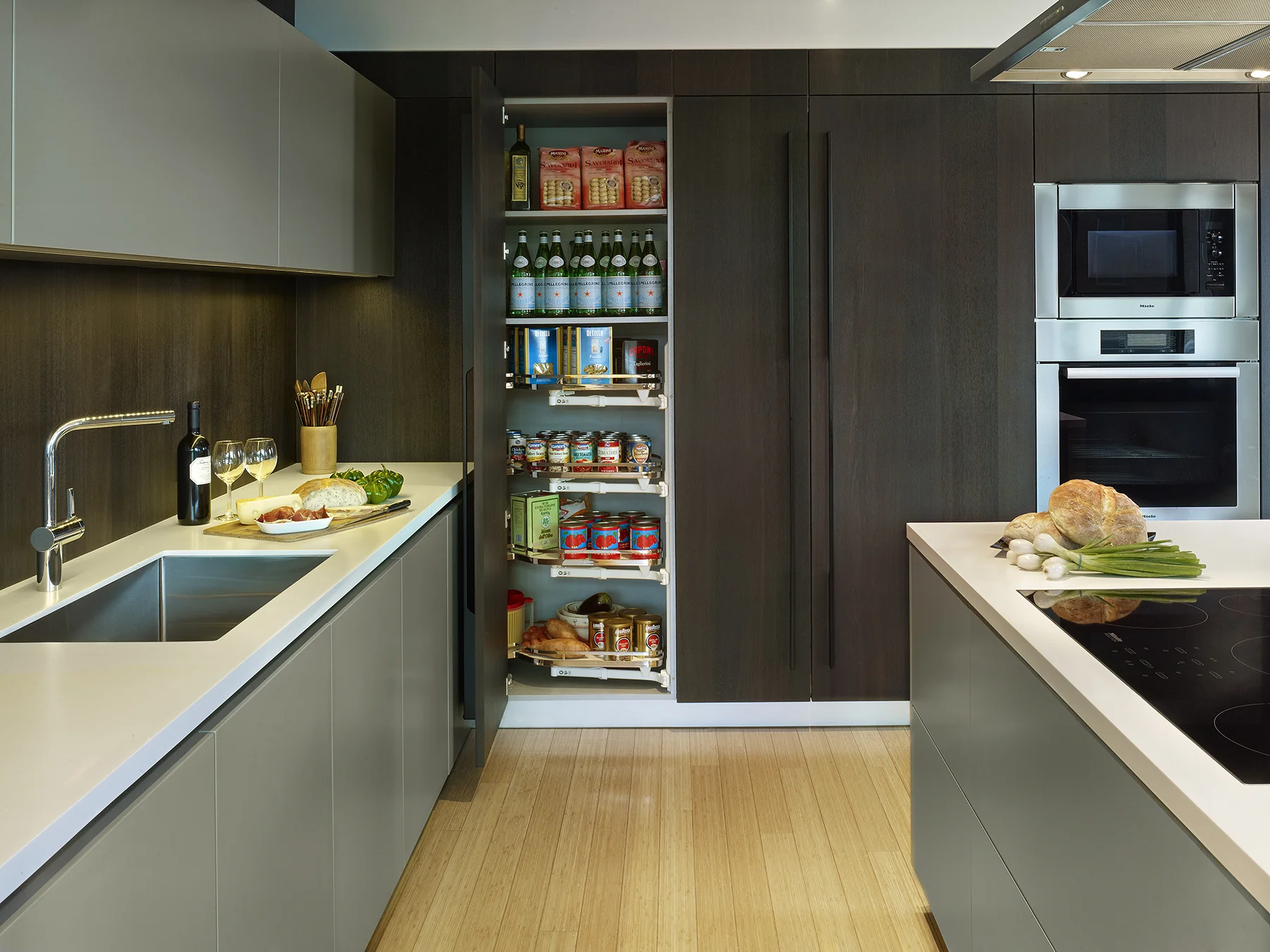 project details: sage matt lacquer hand brushed spessart oak snow white krion tops veselbrand " stick " tall pulls Blum servo hardware miele appliances