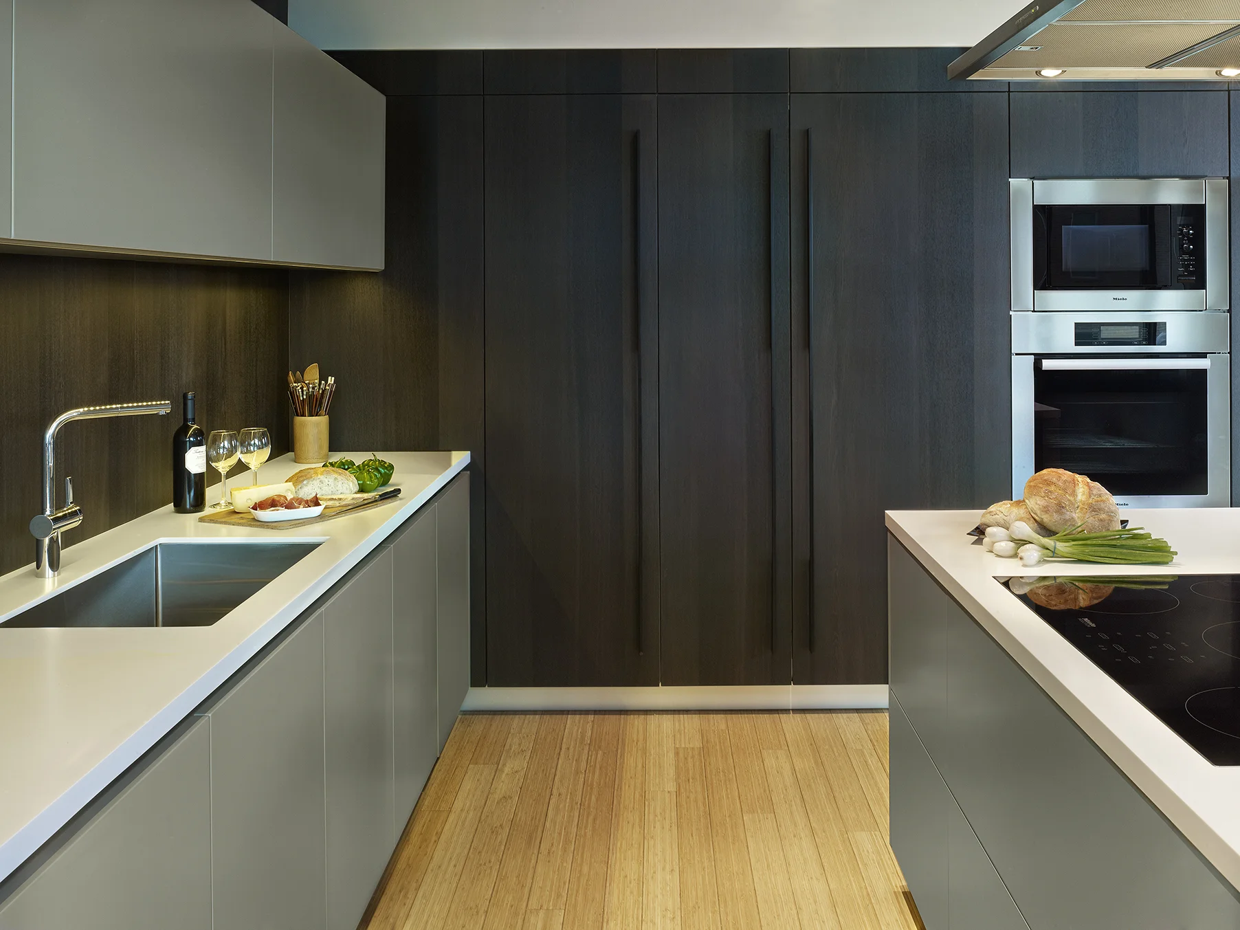 project details: sage matt lacquer hand brushed spessart oak snow white krion tops veselbrand " stick " tall pulls Blum servo hardware miele appliances
