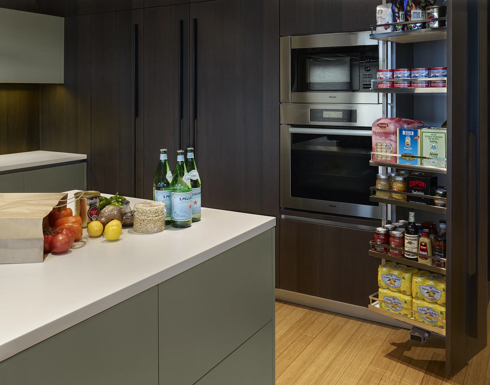 project details: sage matt lacquer hand brushed spessart oak snow white krion tops veselbrand " stick " tall pulls Blum servo hardware miele appliances