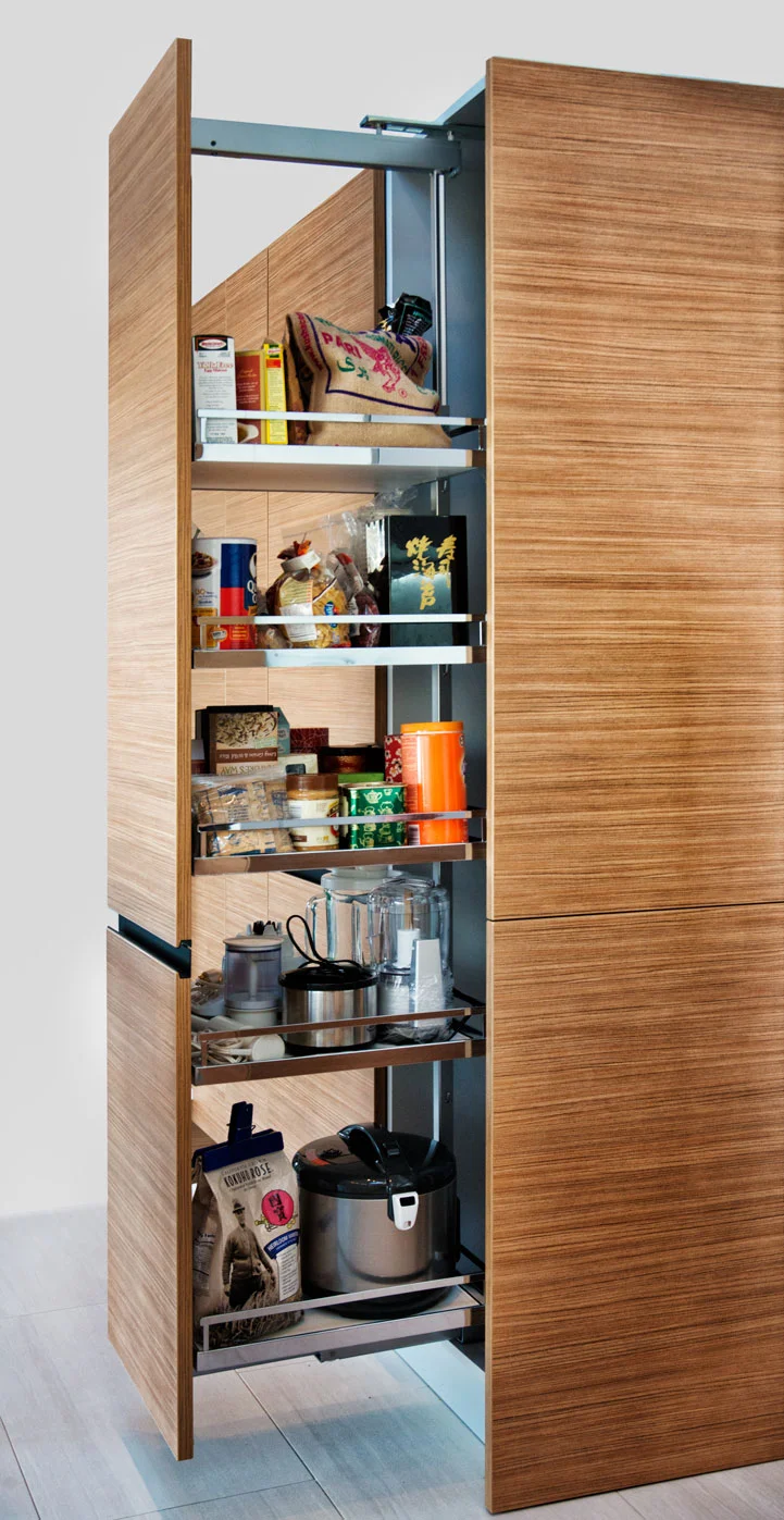 project details: white matt lacquer european textured melamine snow white krion tops matt glass back-splash veselbrand " stick " tall pulls Blum servo hardware / uppers vertical grain fir wall panels miele appliances