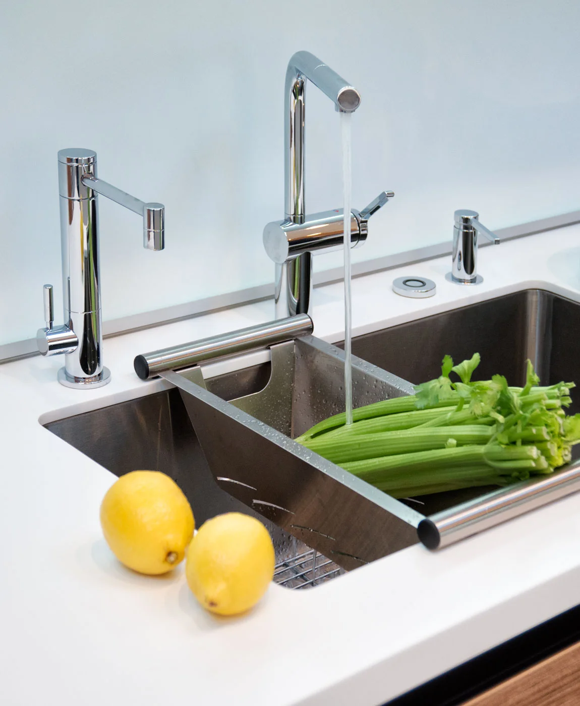 project details: white matt lacquer european textured melamine snow white krion tops matt glass back-splash veselbrand " stick " tall pulls Blum servo hardware / uppers vertical grain fir wall panels miele appliances