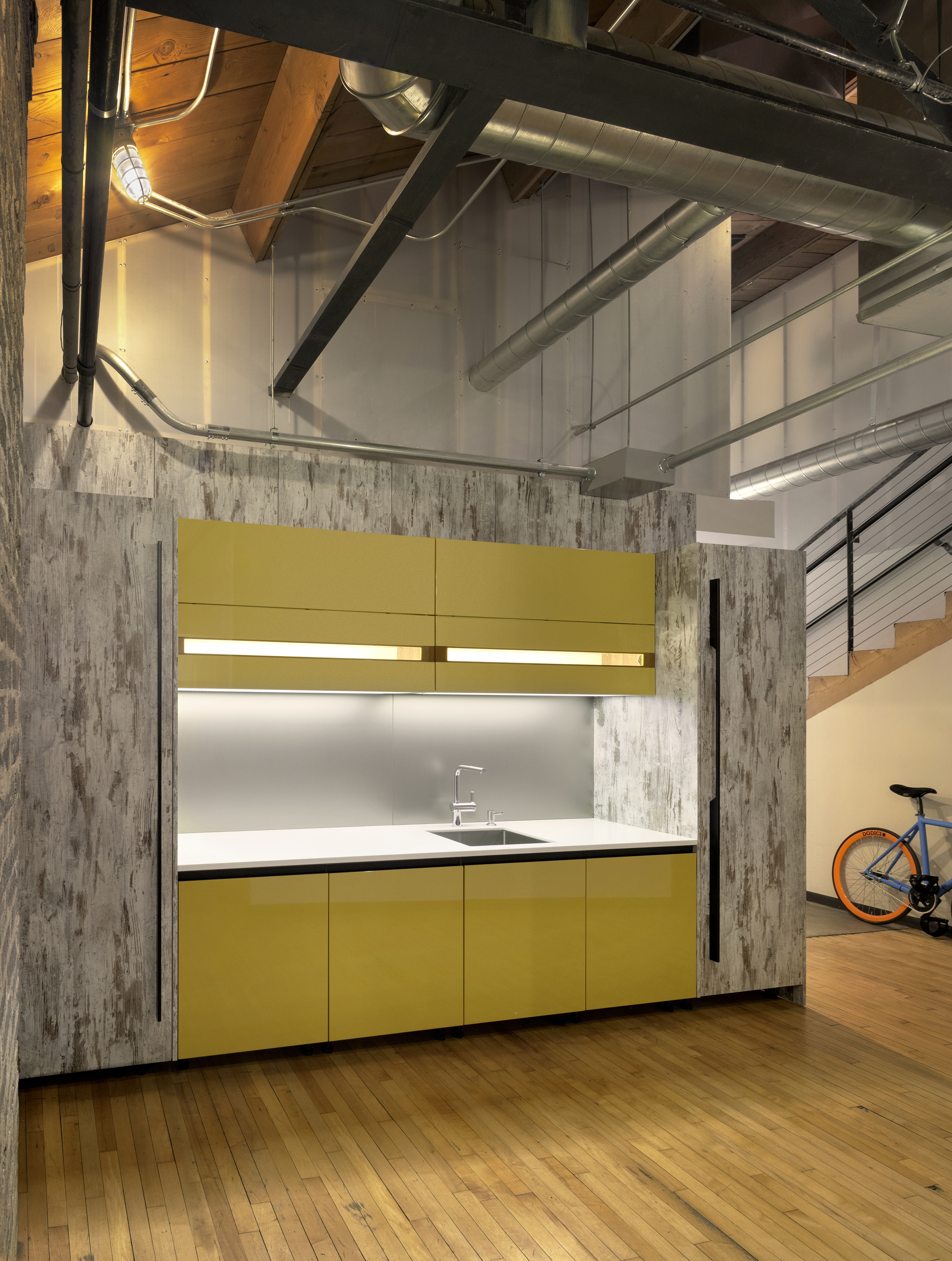 project details _______________________ burnt yellow gloss lacquer distressed wood european melamine snow white krion tops matt mirror glass back-splash