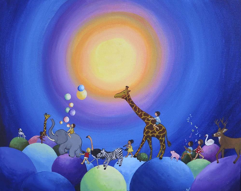 A colorful, whimsical illustration featuring various animals and children sitting and playing on multicolored rounded bubbles or spheres under a bright, glowing sun