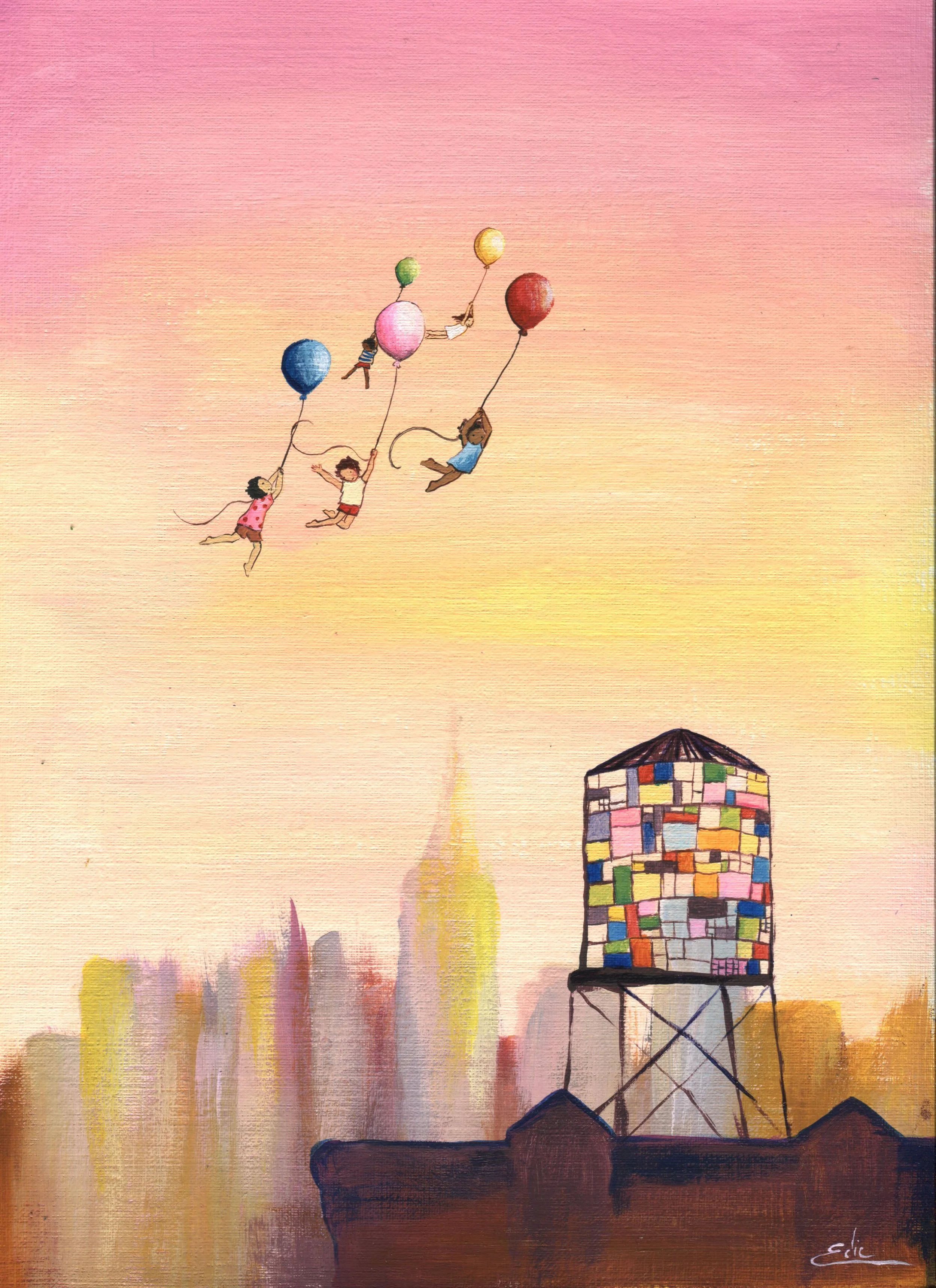 A painting of children on balloons soaring above a city skyline with a colorful water tower and the sun setting in the background.