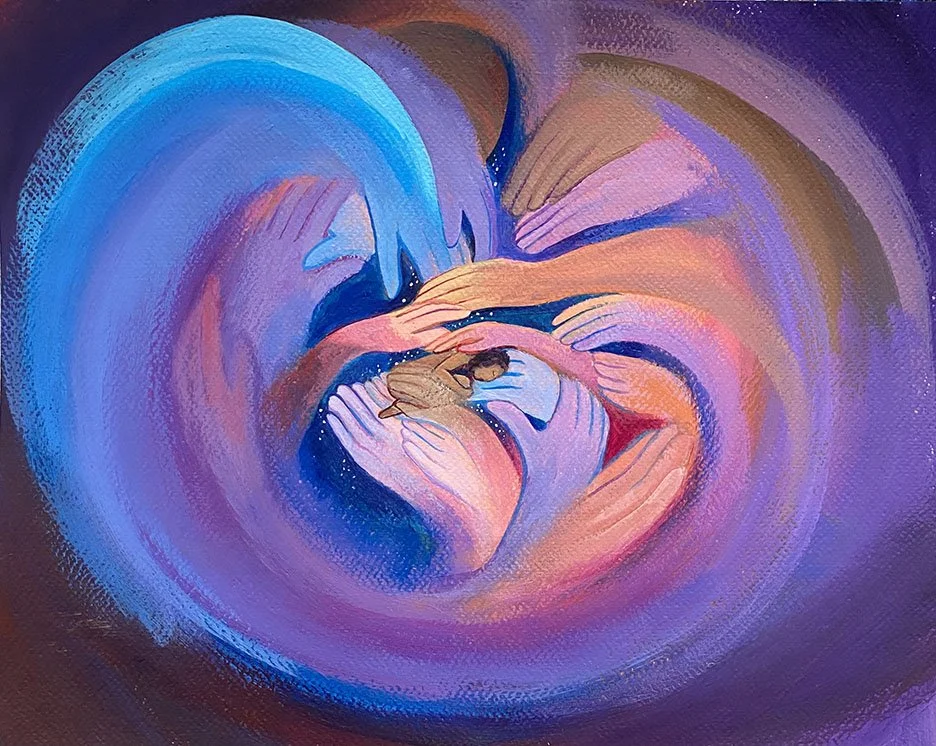 An abstract painting depicting several intertwined hands forming a heart shape, with a woman lying in the center, surrounded by swirling shades of blue, purple, pink, and orange.