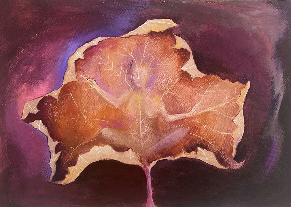 A detailed painting of a single autumn leaf in shades of orange, brown, and purple against a dark, swirling background. An animist painting, a person emerges from withing the fall leaf.