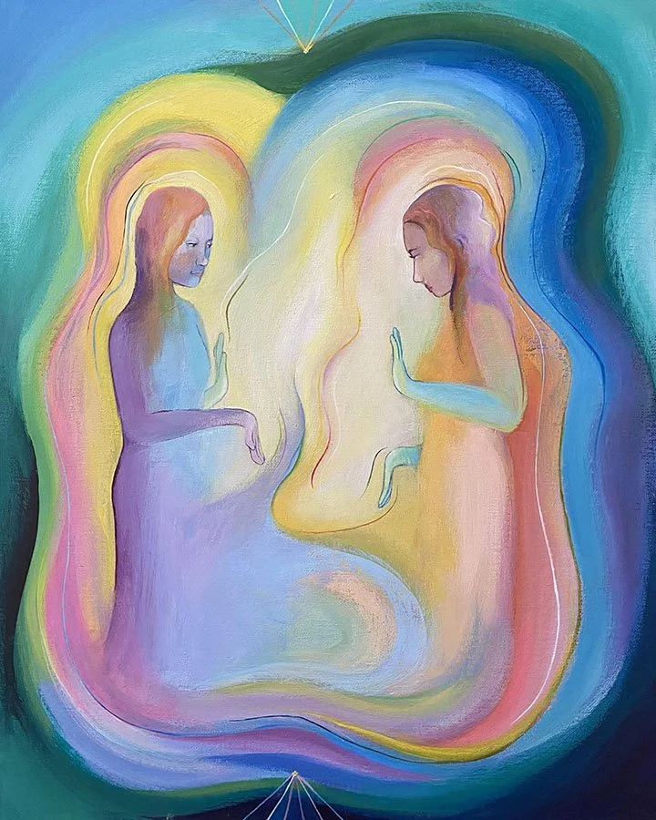 An abstract painting depicting two women facing each other with light-colored aura-like outlines, surrounded by vibrant rainbow colors blending together.