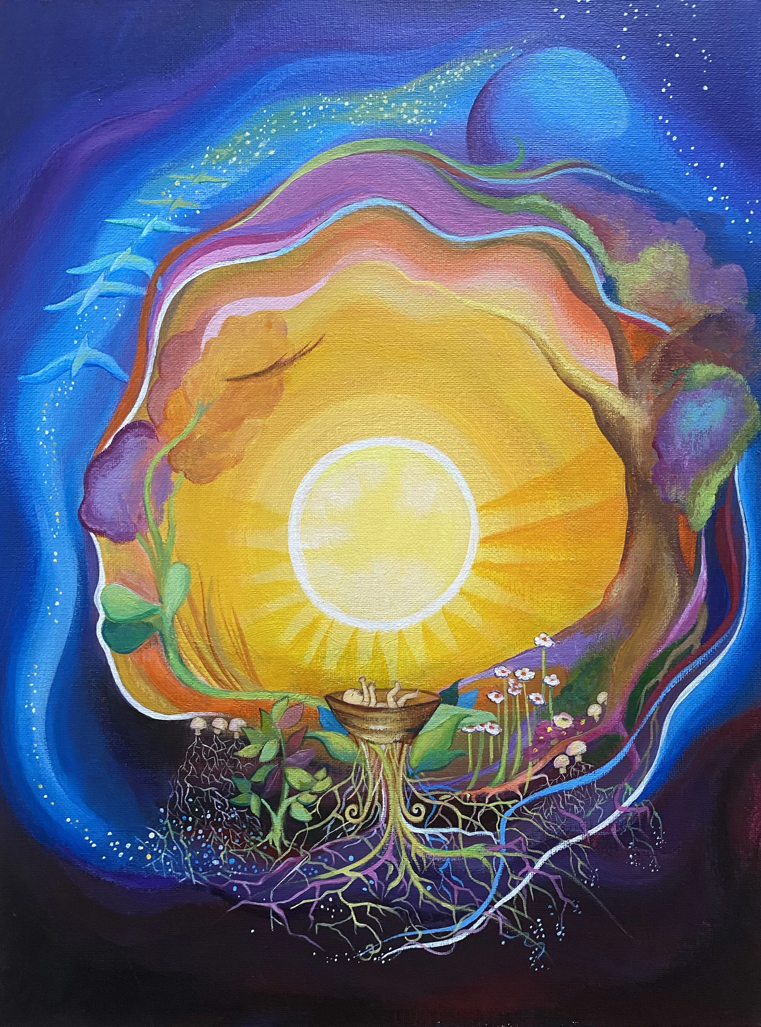 Abstract colorful artwork depicting a radiant yellow sun in the center with a tree with roots and plants below, surrounded by vibrant, swirling blue, purple, and green patterns. Cosmic scene of plant medicine inspired visions, connected to earth.