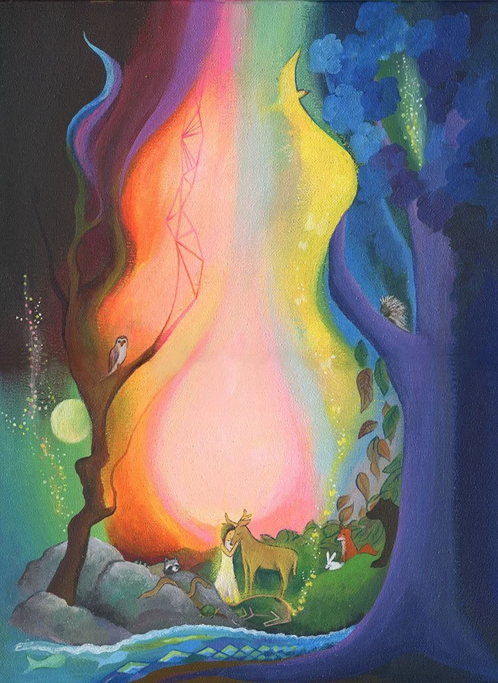 A colorful, mystical forest scene with a central glowing pink and yellow light. Various animals are present, including a deer, squirrel, owl, fox, rabbit, and raccoon, surrounded by vibrant trees and plants. The scene has a dreamy, magical atmosphere with stars and a night sky blending into the forest.