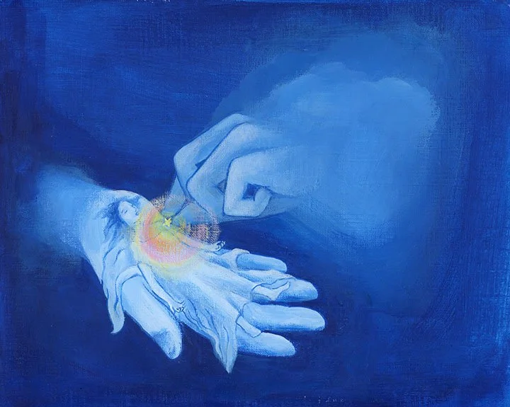 A painting depicts a hand holding a figure of a woman lying down. The woman is rendered with soft colors and appears to be asleep or resting. The hand is larger and blue-toned, with the woman on her palm. The background is a gradient of dark to lighter blue.