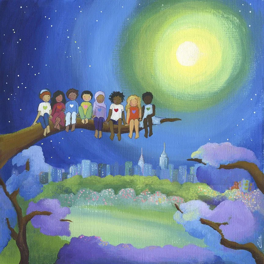 A colorful painting of diverse children sitting on a large tree branch above a cityscape, with a bright sun and a starry sky in the background, surrounded by pink and purple clouds.