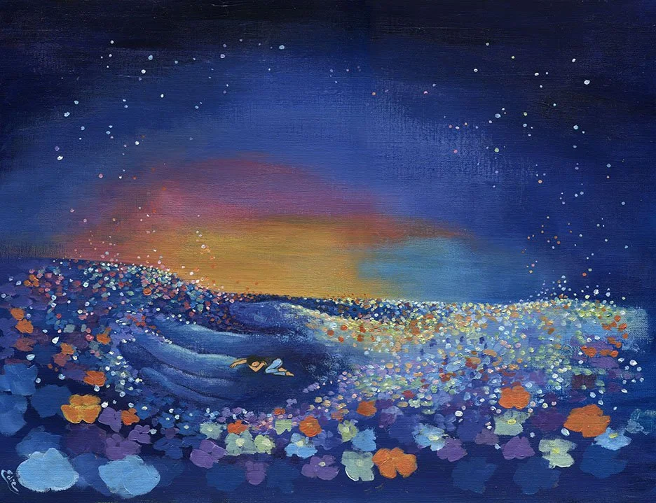 An abstract painting depicting a hand gently holding a figure, lying, resting or sleeping within the fields, surrounded by colorful flowers and a starry sky.