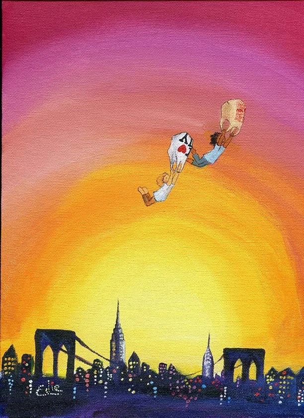 Cartoon of a dog holding a bone with a happy face, flying over a city skyline at sunset.