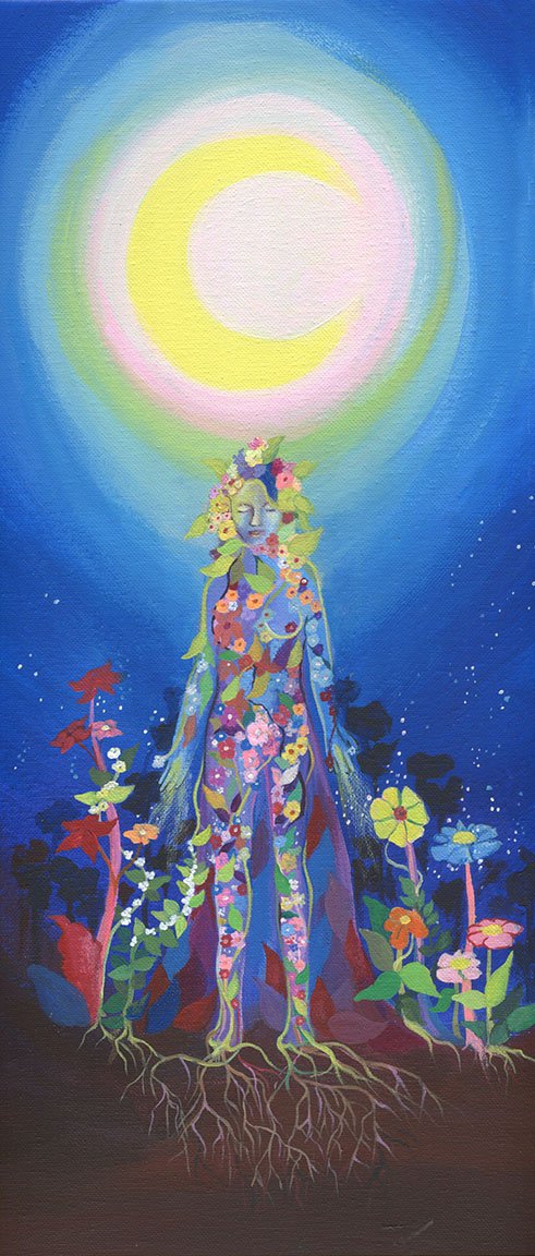 A colorful, abstract painting of a woman made of flowers, plants, and vines, with a large crescent moon and glowing circle in the sky above her.