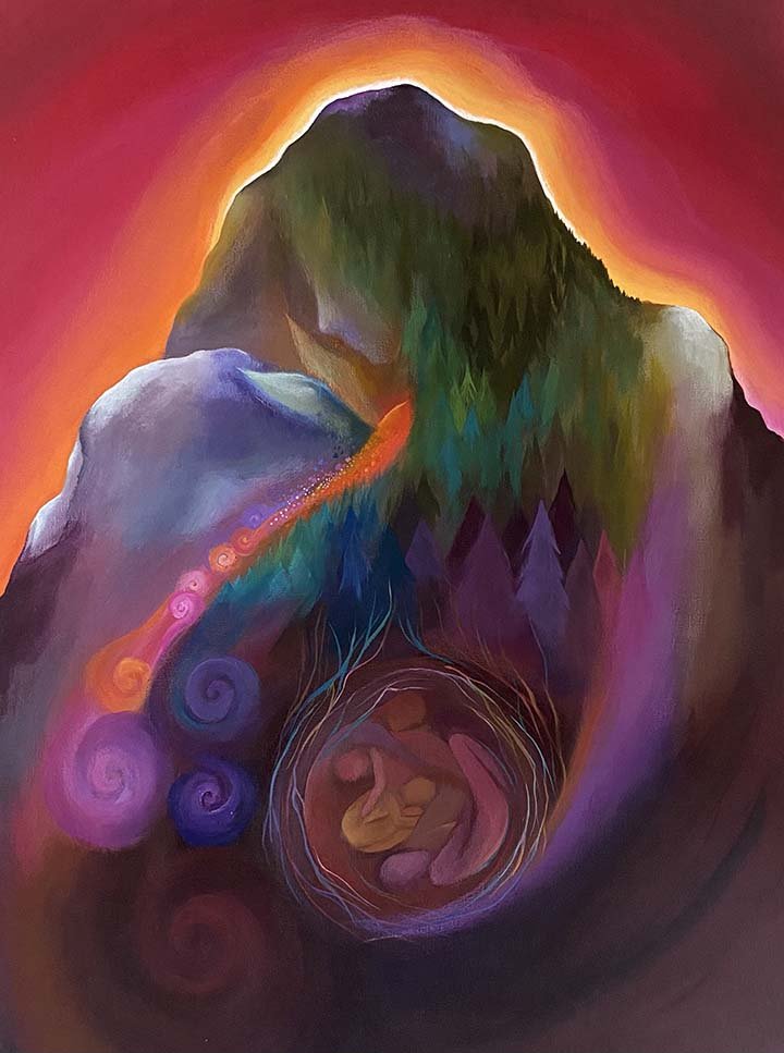 Abstract painting of a mountain with colorful swirling patterns and a glowing orange and pink background. animist painting of a mountain that is also a face, a woman holding her womb, human figures can be seen inside earth womb, rooted and cosmic.