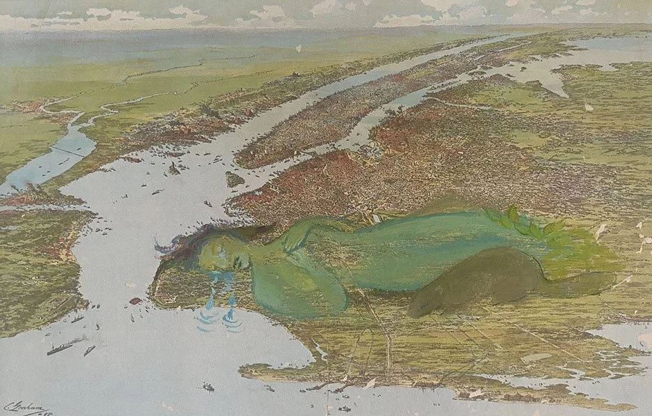 Aerial view of new york city in the 1800's with the hudson river running through it, showing a large green area in the foreground. Nyc's estuary landscape, old map, mixed media, a figure drawn into the landscape. She is crying, beaver is next to her.