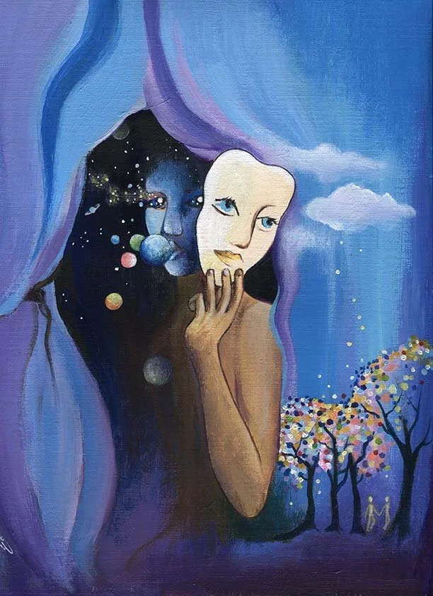 A surreal painting featuring two faces, one of a woman with dark, starry skin and planets, and another of a woman with light skin holding a mask, with a background of trees and clouds.