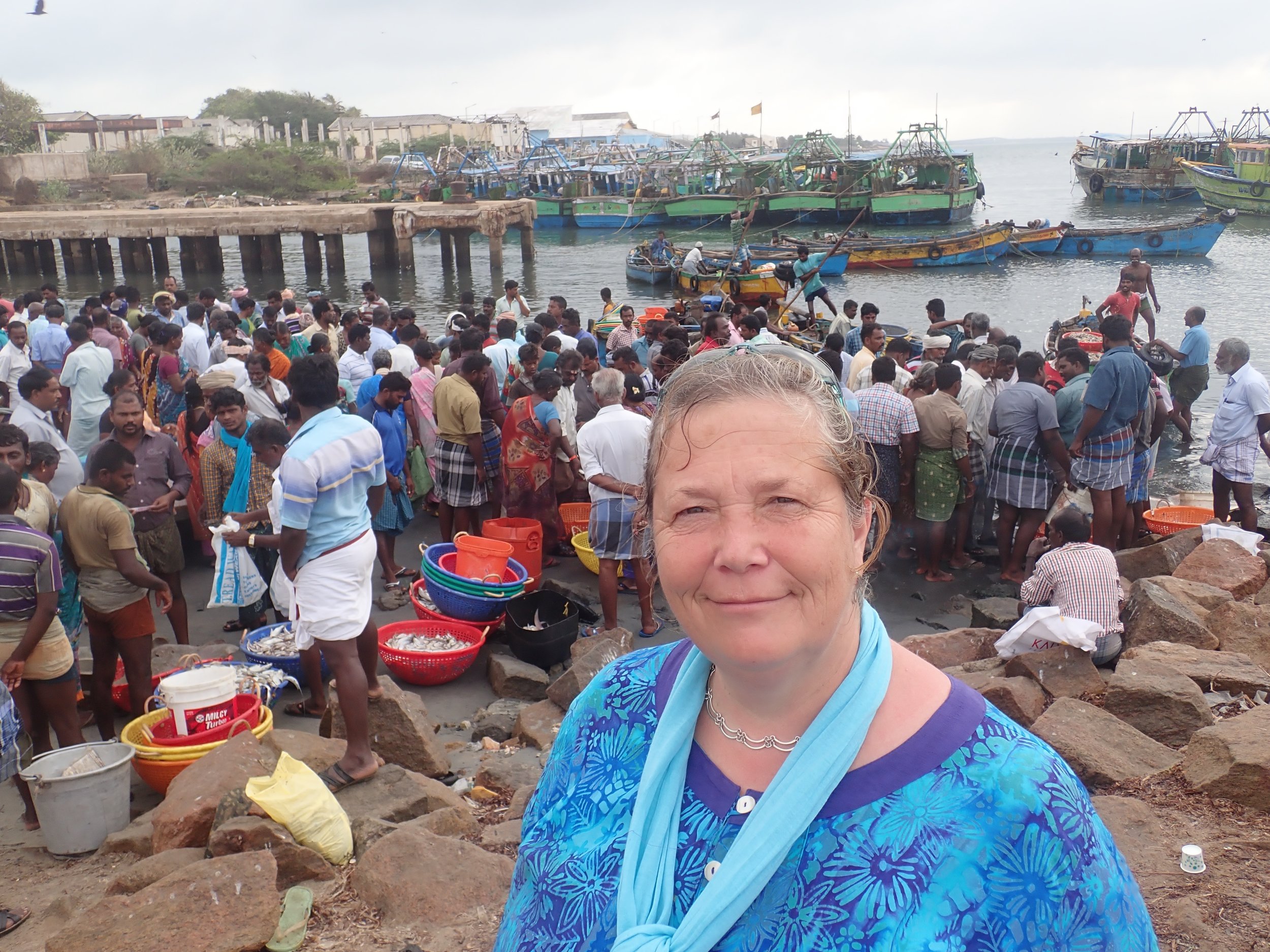 Amanda Vincent at a trawl landing site in Mandapam South, India. Photo by Amanda Vincent/Project Seahorse.
