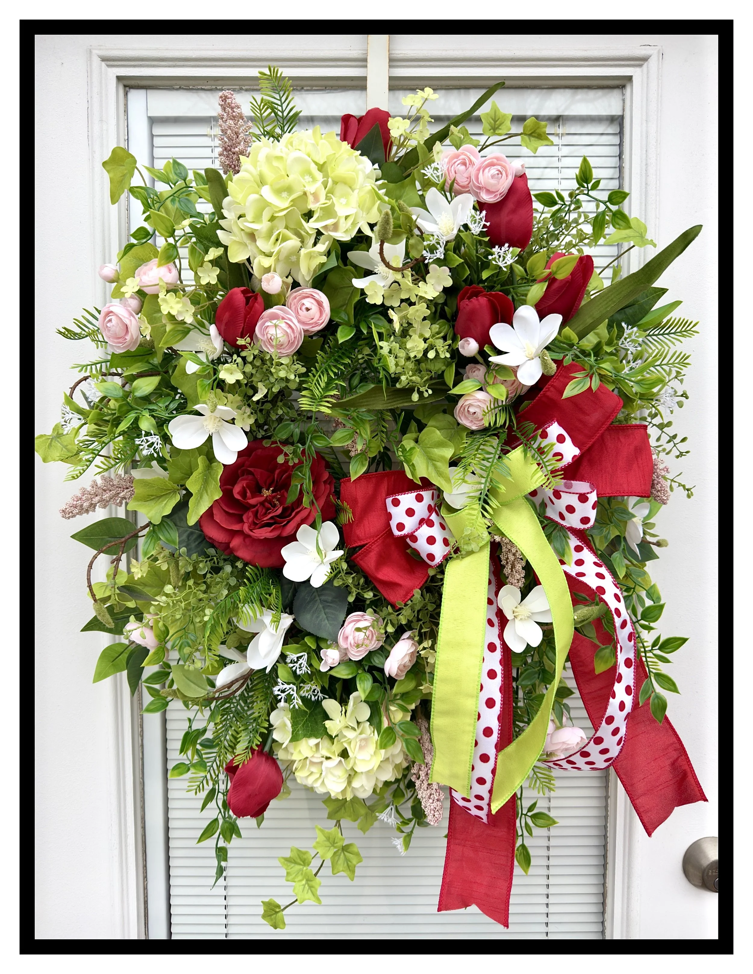 valentine spring wreath lime green red pink and white