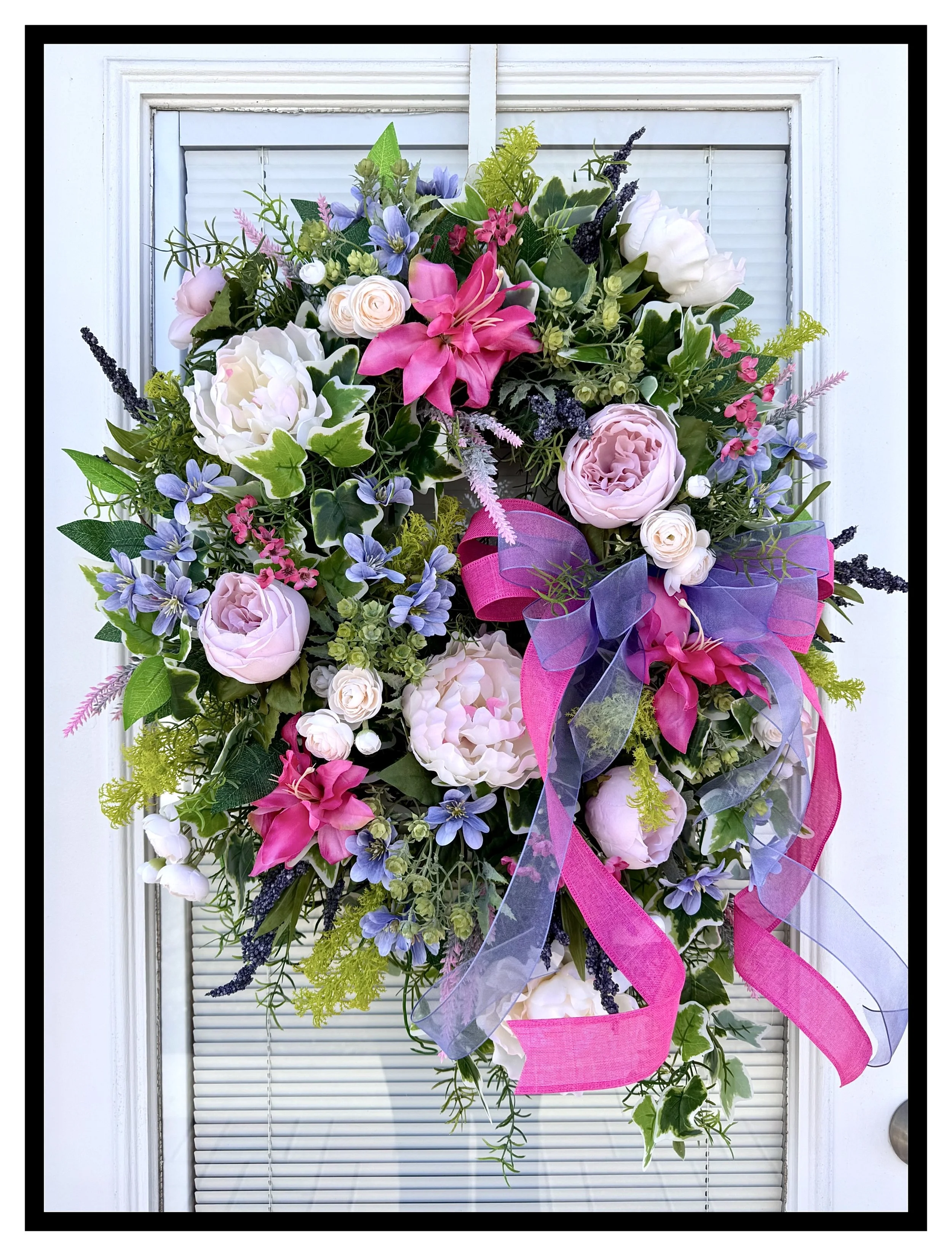 cottage wreath creamy white peonies raspberry lilies pale pink cabbage roses