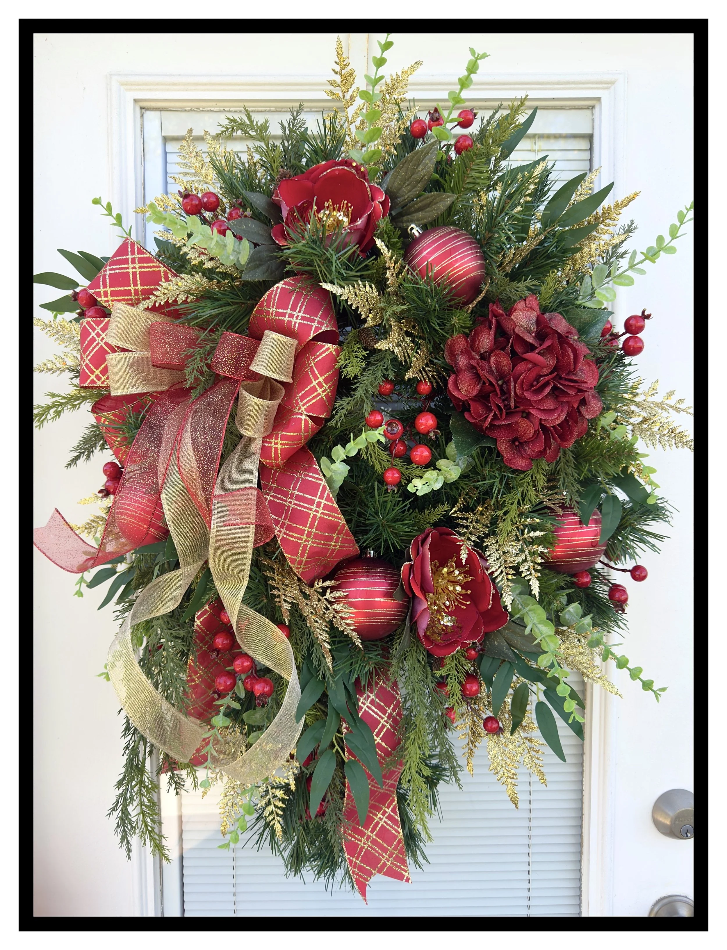 Red and Gold Christmas Wreath with Magnolias and Hydrangeas