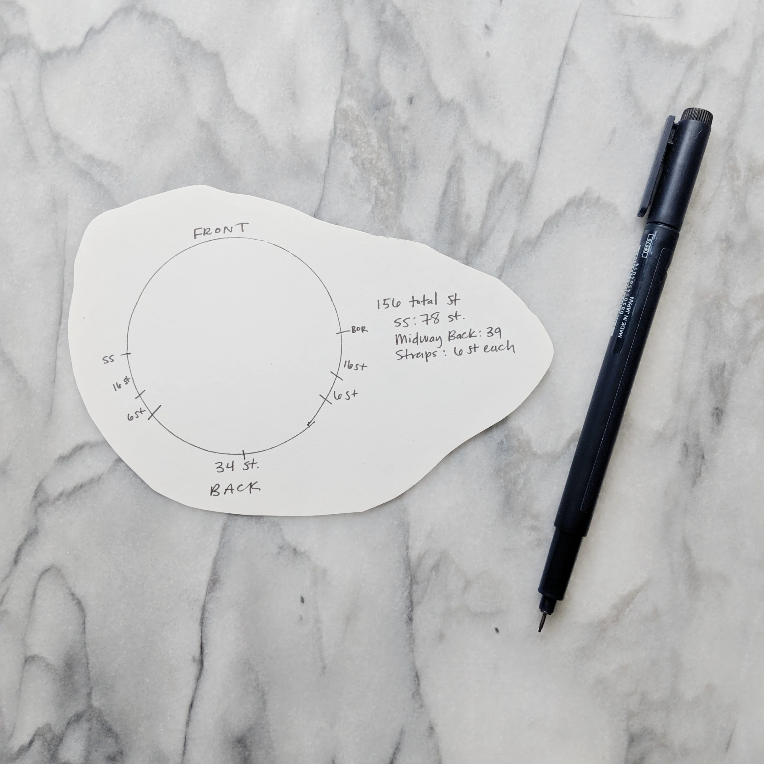 In this diagram, the circle represents my total circumference (156 st). I split the circumference in half (78 st) then split the back of my circle in half again (39 st). I then evenly distribute my straps along the back stitches.