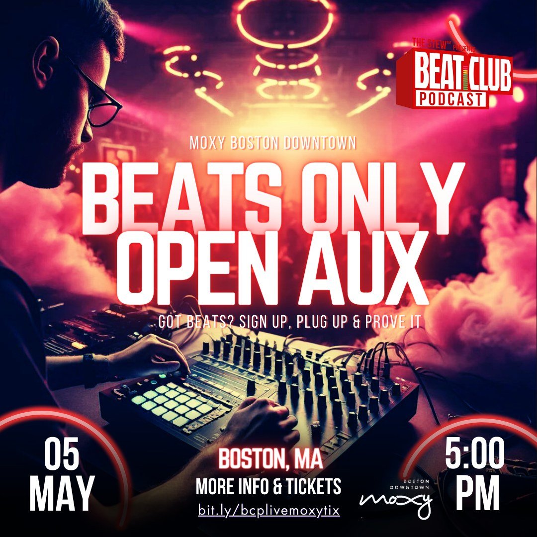 5/5/24 Cinco de Mayo we'll be LIVE in BOSTON, MA for our first Beats Only Open Aux!

Calling all producers in the New England Area. Join the vibes, sign up and play beats for our audience 🥁, and hear other producers from New England play beat sets t