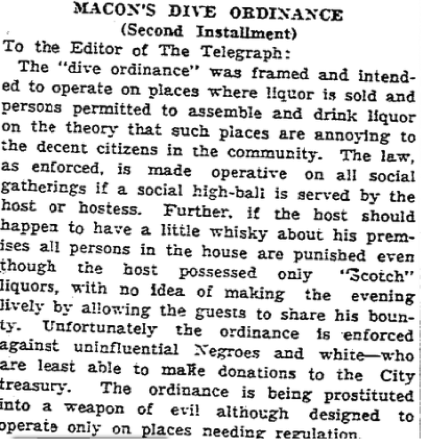 A Macon Taxpayer and Voter, “Macon’s Dive Ordinance,” The Macon Telegraph (Macon, Ga), 1934.