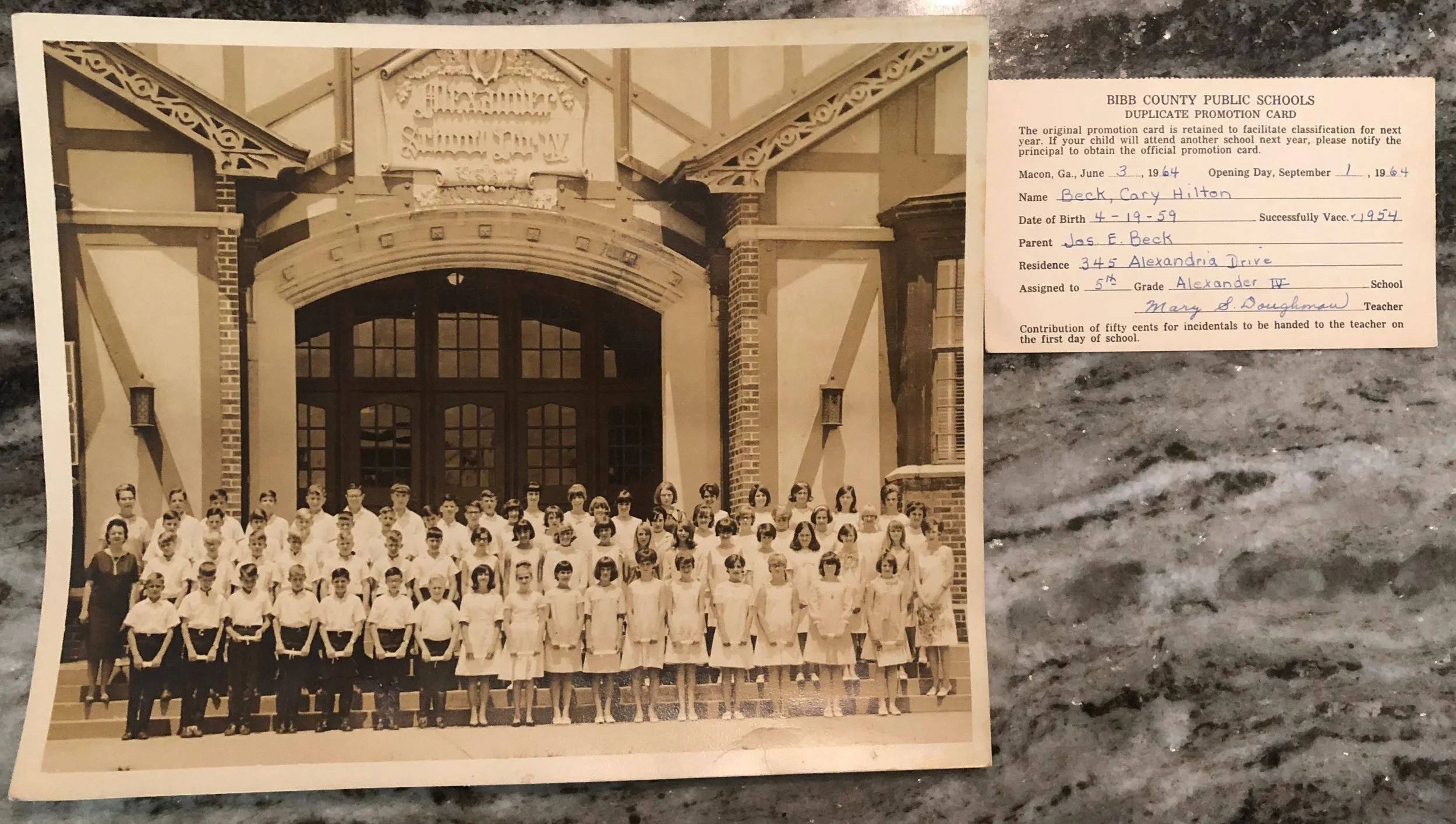 Cary Beck and his class, photographed in 1964 (left) and his registration card (right) for that year.