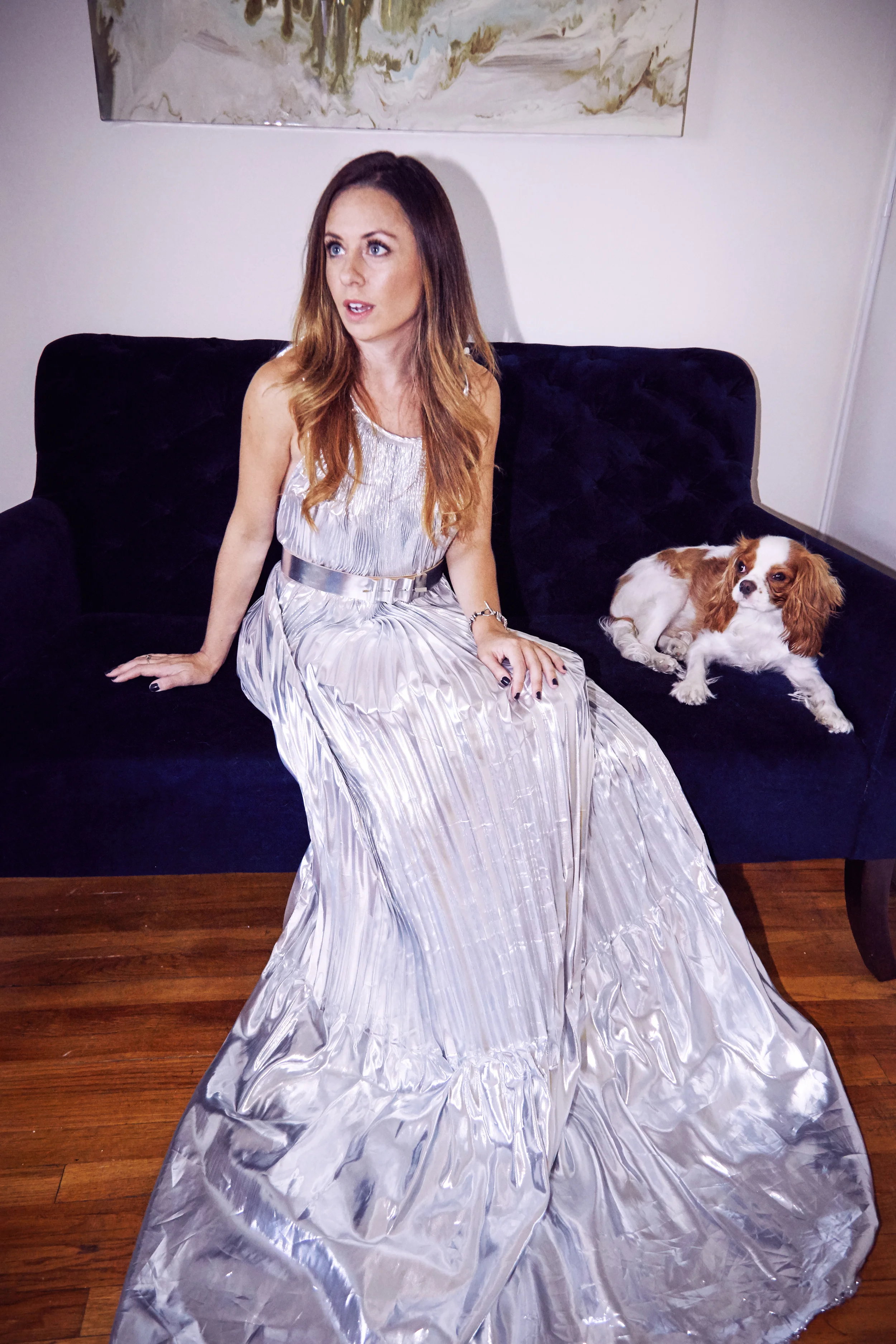 Silver 'Linda' Duel Pleat Gown, Liquid Silver Pinned Leather Belt