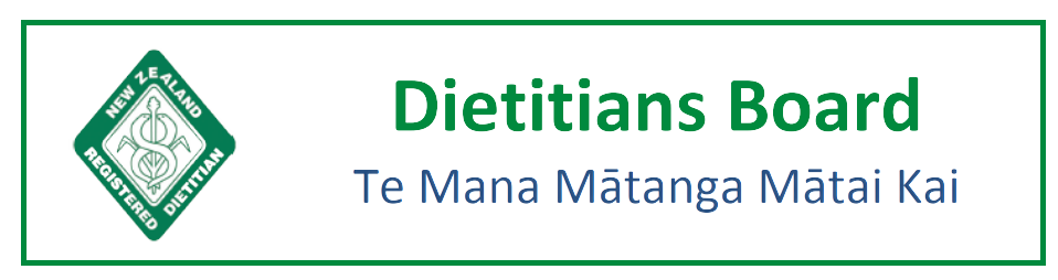 Logo of New Zealand Registered Dietitian with text 'Dietitians Board' and 'Te Mana Mātanga Mātai Kai'.