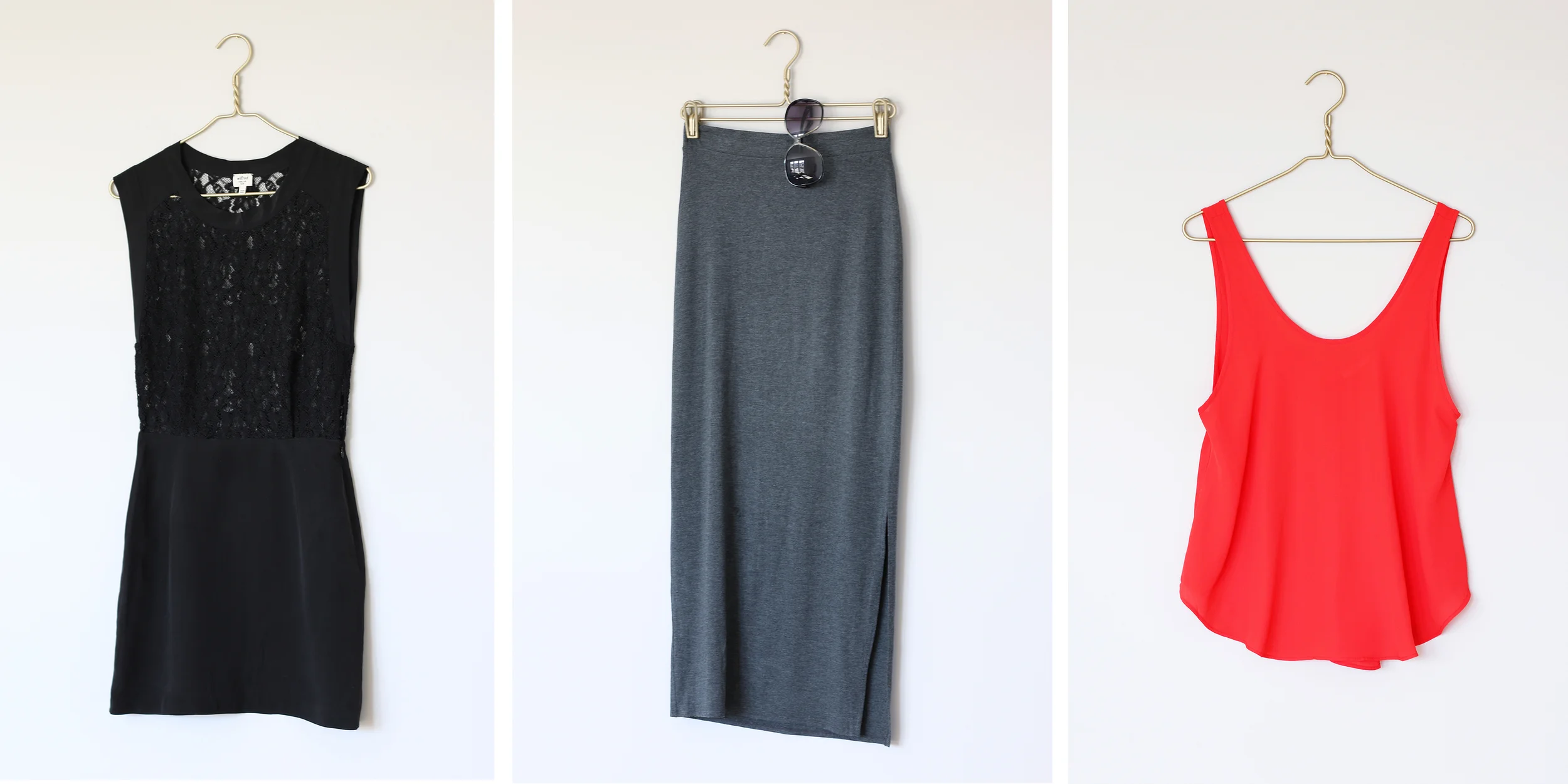 Left to Right: Wilfred Silk Lace Cocktail Dress (Retail Price: $130 - Purchased for $50.00), Gap Maxi Skirt (Retail: $50 - Purchased for $10.00), Oversized Sunglasses (Retail Price: unknown - Purchased for $5.00), Lush Tank Top (Retail Price: $40.00 - Purchased for $8.00) Total Savings: ~$152.00.