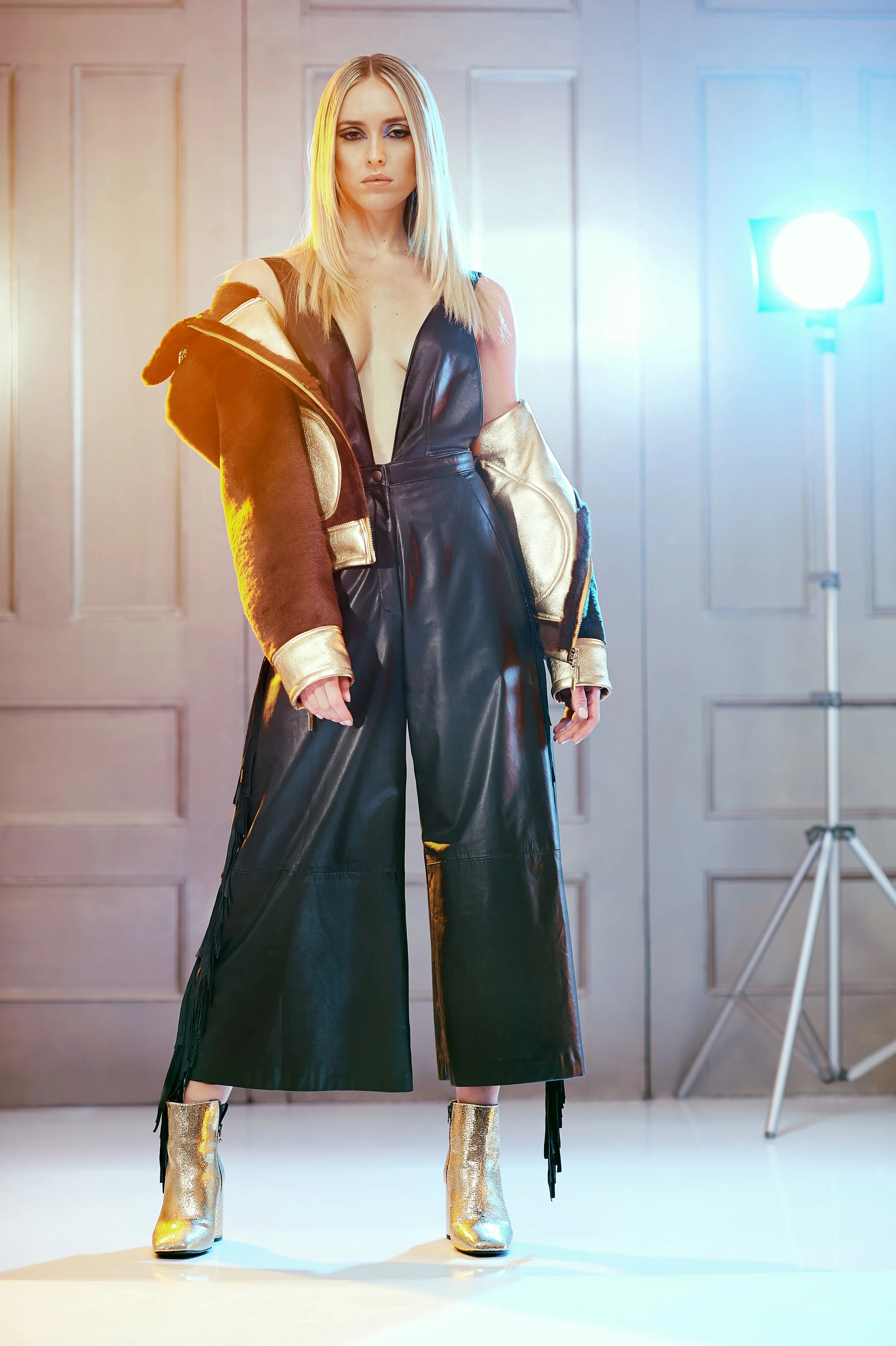 Leather Overall Culottes w/fringe