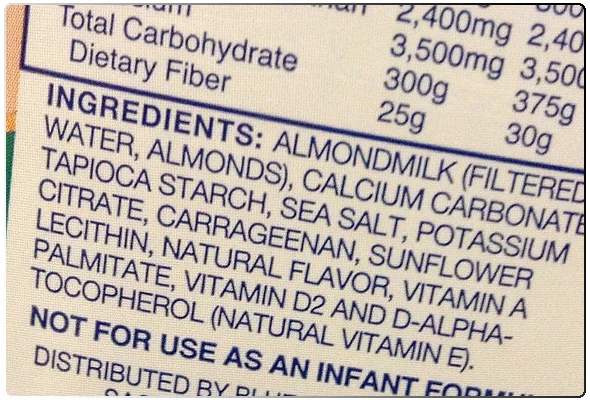 Ingredient list from a leading grocery almond milk brand
